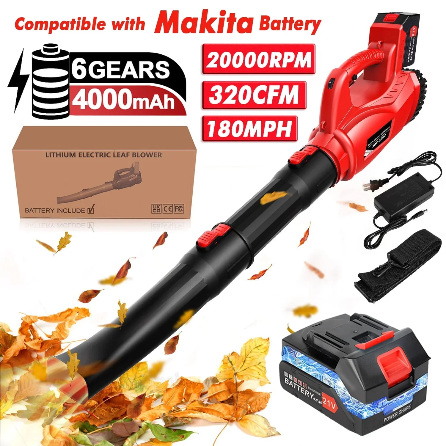 Cordless Leaf Blower with 4000mAh Battery and Charger, Tanbaby 21V 180MPH 320CFM Electric Leaf Blowers with 2 Section Tubes 6-Speed Dial Control for Fall Leaf, Lawn/Garden Care, Snow, Debris, Dust