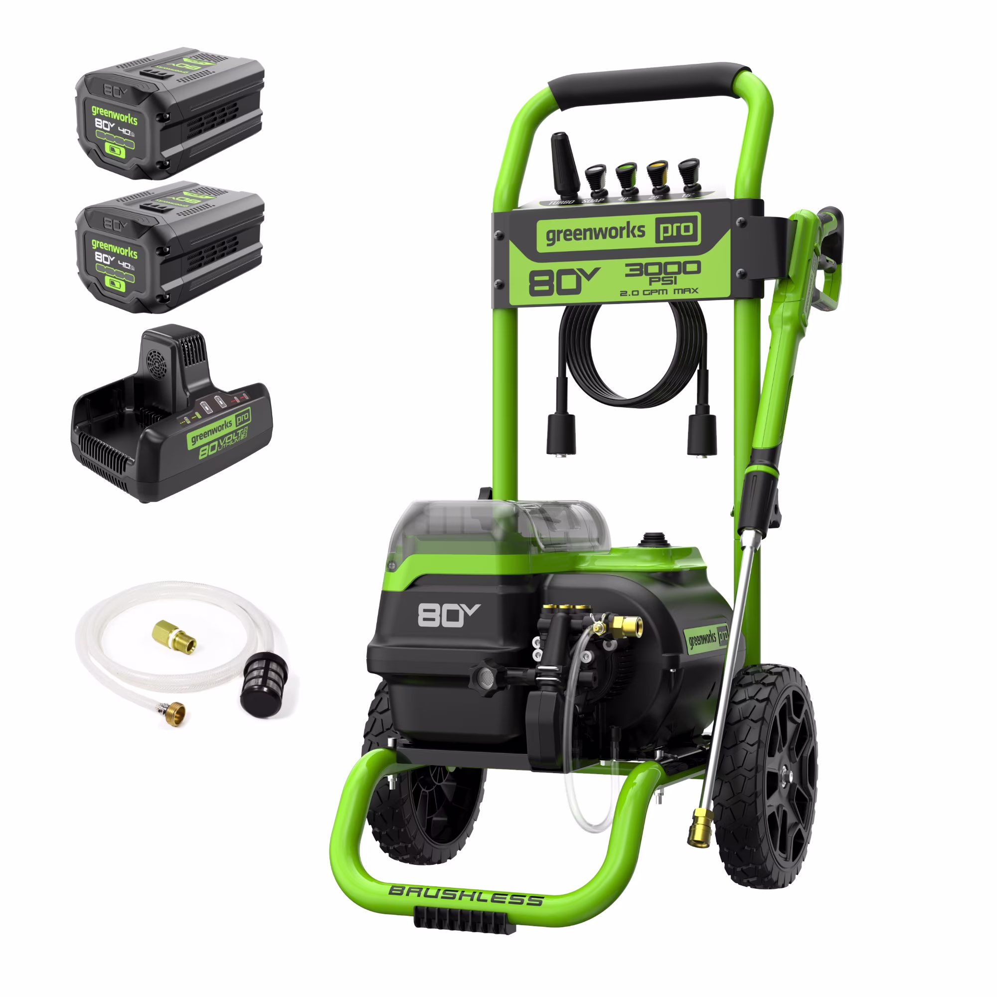 Greenworks 80V 3000 PSI Pressure Washer W/ (2) 4 Ah Batteries, DP Rapid Charger