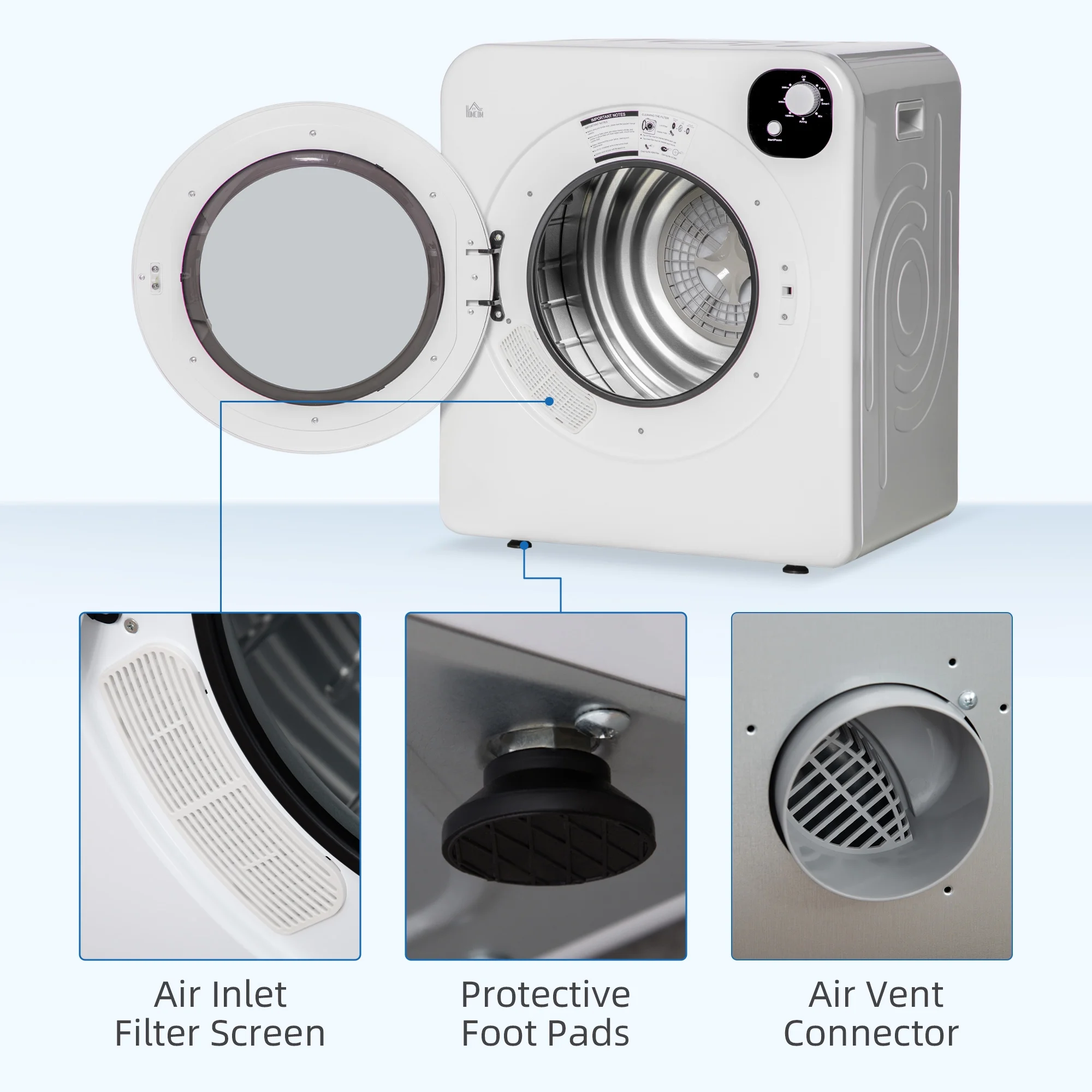 HOMCOM 1300W Compact Laundry Dryer with 3.2 Cuft Stainless Steel Drum White