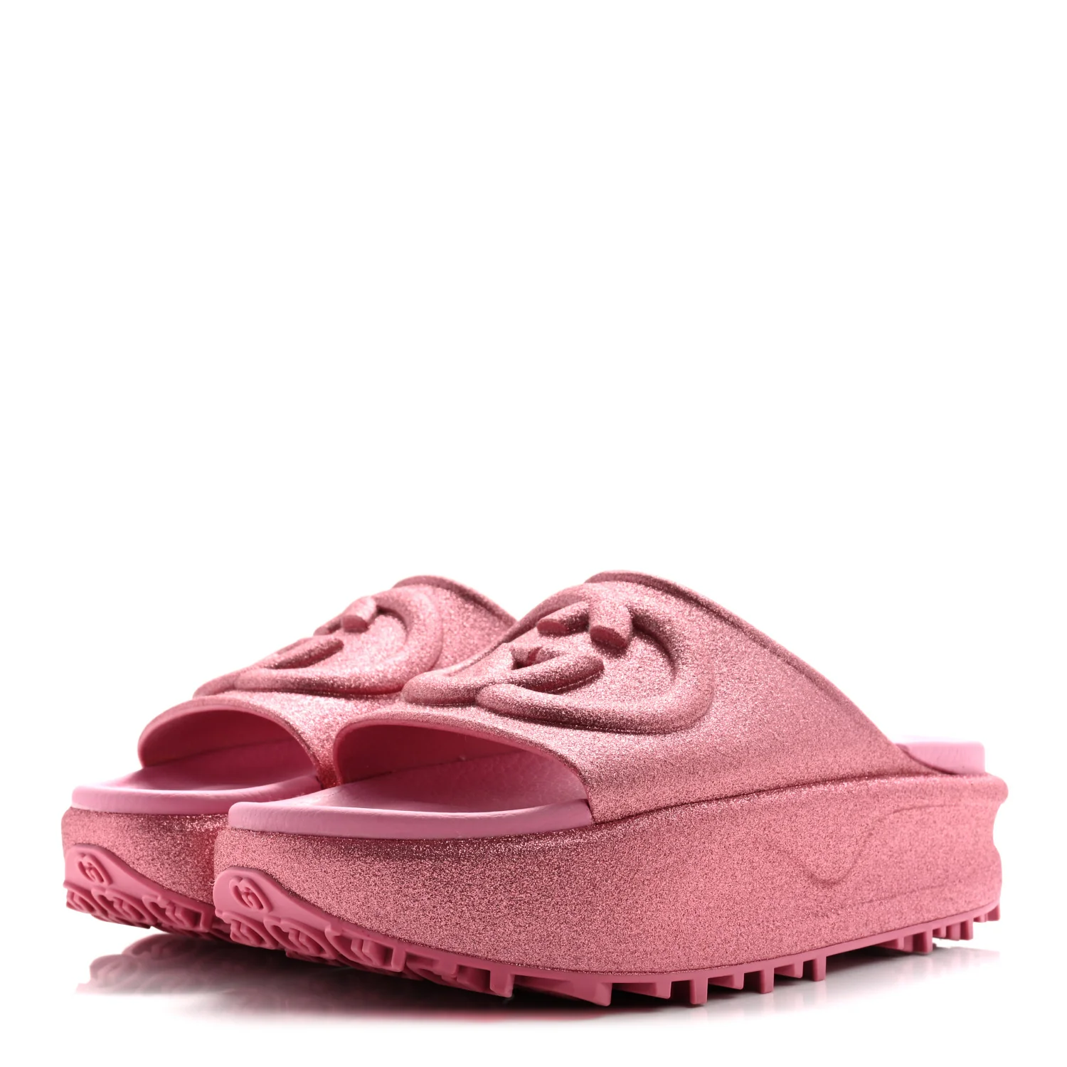 Glitter Rubber Womens Interlocking G Platform 42mm Slide Sandals 36 Rose