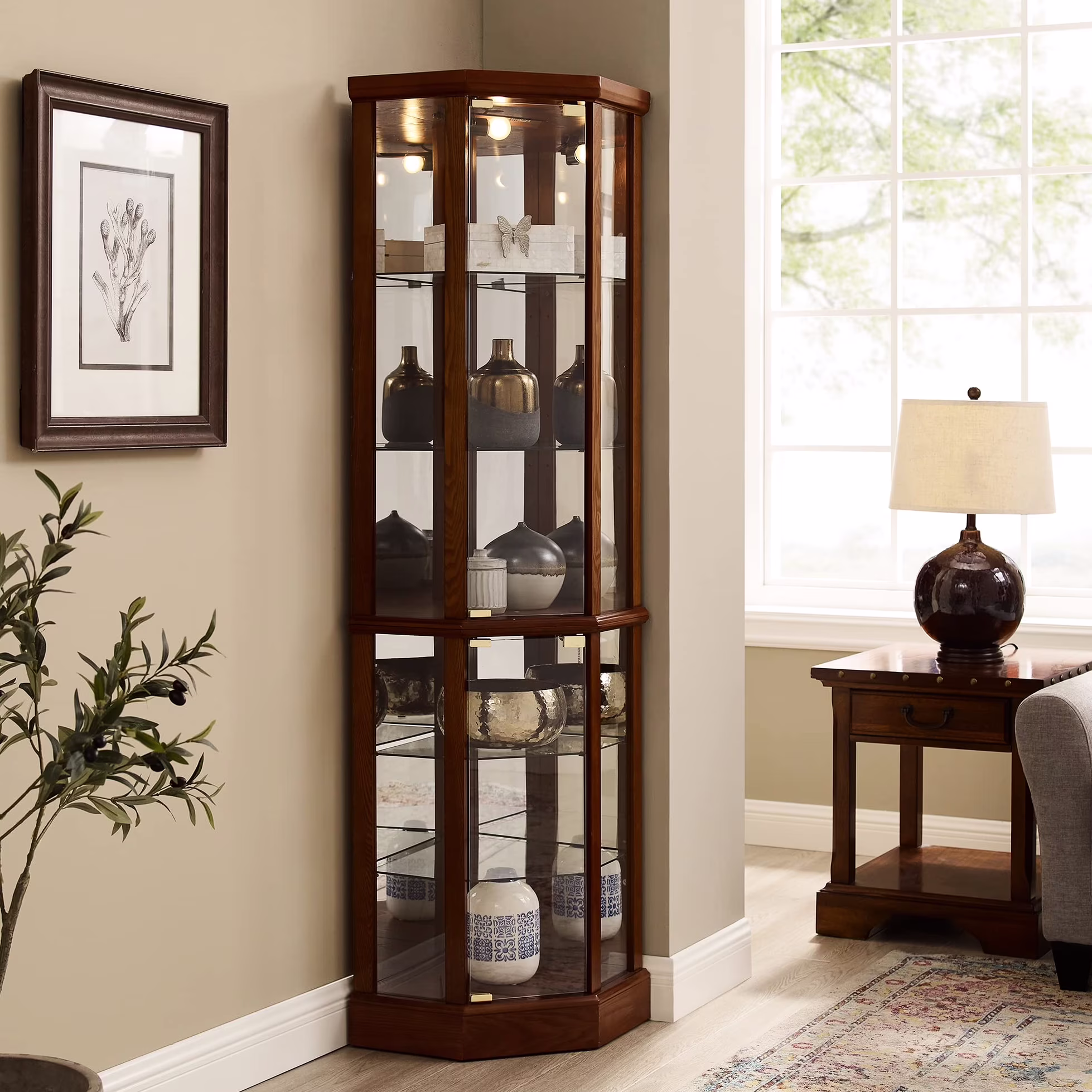 Walnut Cabinet With 6 Shelves, Adjustable Glass Mirrored Back Design Shelf Lighted Corner Curio Shelves In(Walnut)