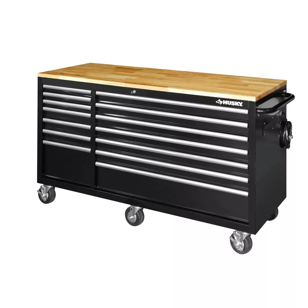 Établi mobile de 157 cm (62 po) à 14 tiroirs avec plateau en bois massif, noir