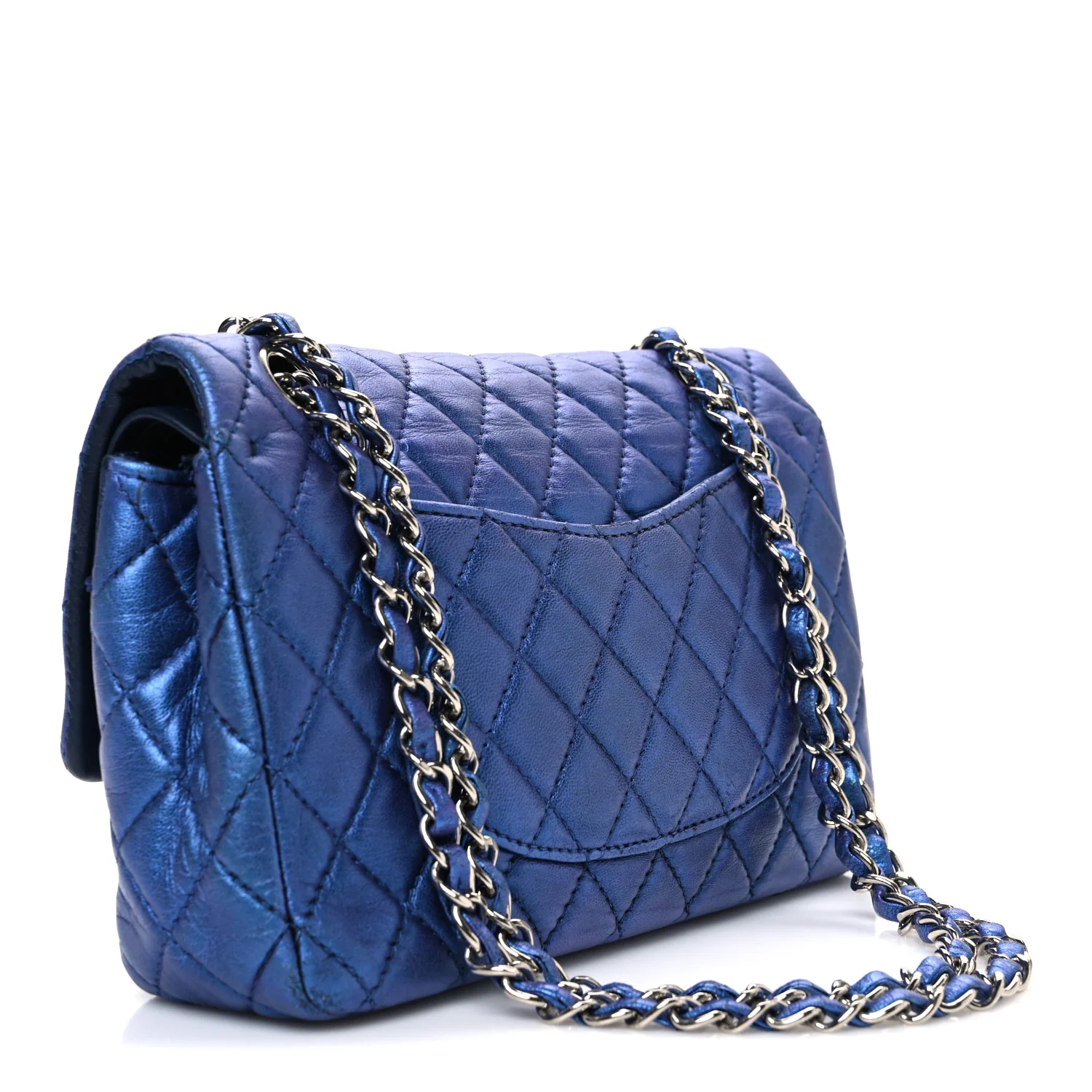 Metallic Lambskin Quilted Medium Double Flap Turquoise