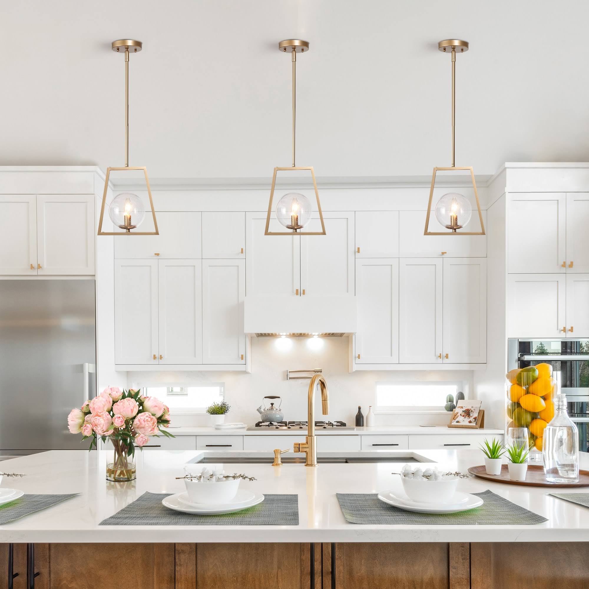 LALUZ Modern Farmhouse 1-Light Gold Pendant Abstract Geometric Dimmable Kitchen Island Light with Glass Globe - L9 inch*w5.5 inch*h10 inch, Size: L9*
