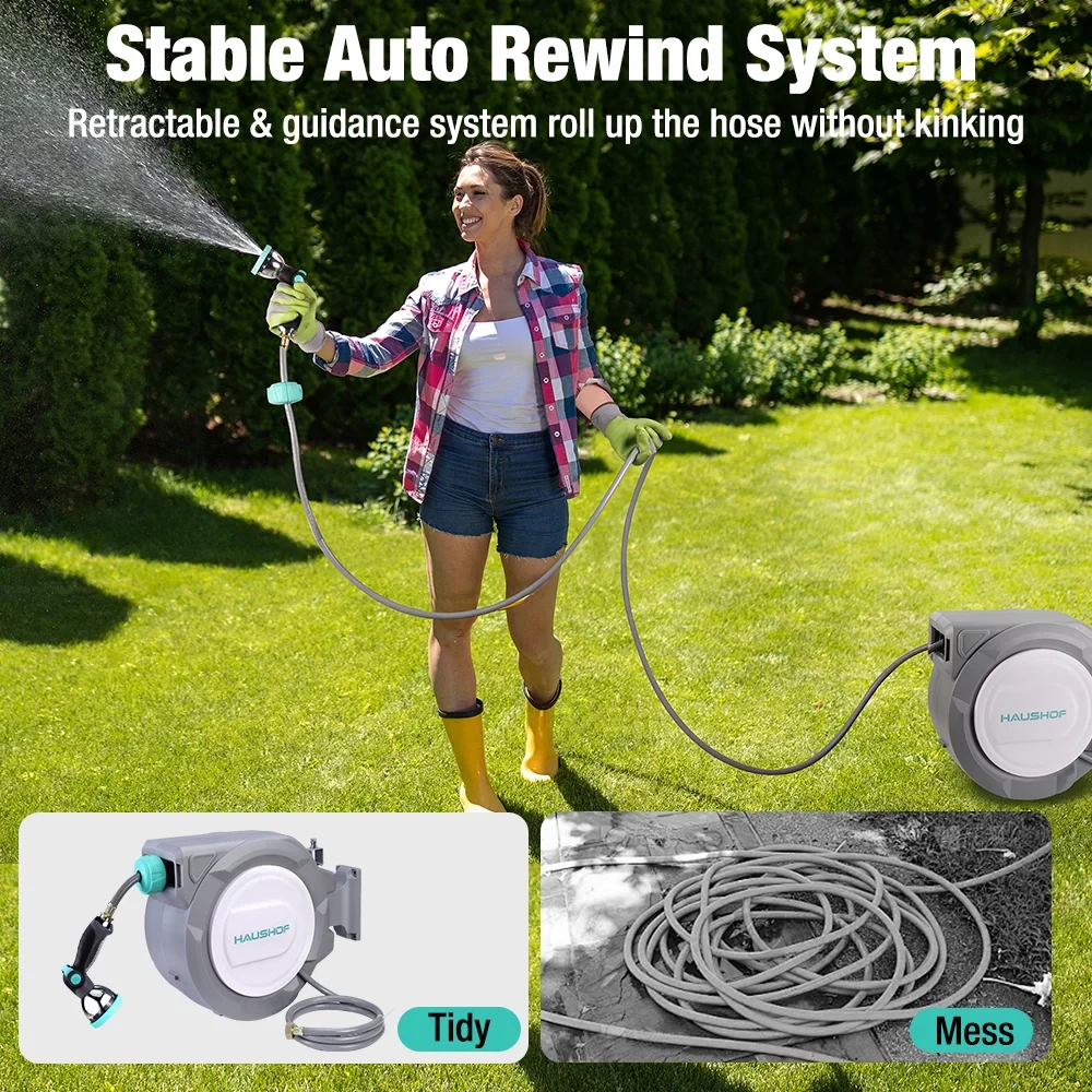 HAUSHOF 1/2 x 100 ft Retractable Garden Hose Reel with Automatic Rewind, 10-Pattern Spray Nozzle, Durable High-Pressure Hose, and 180�� Swivel Bracket �C Perfect for Watering Gardens, Cleaning Patios