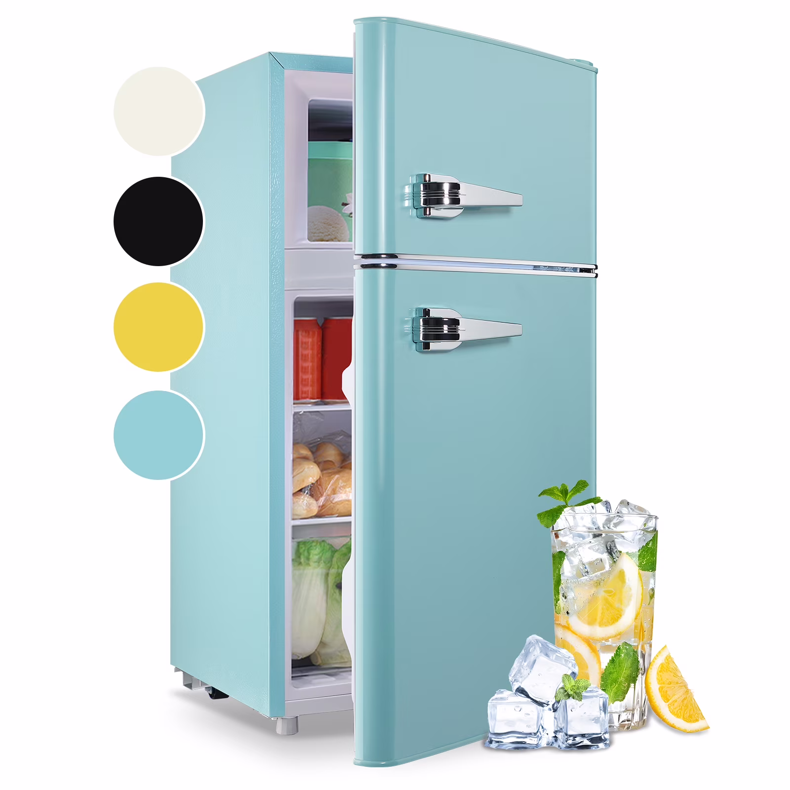 3.5 Cu.ft Compact Refrigerator Dual Doors Handles Mini Fridge with Top Freezer Blue New(Blue)
