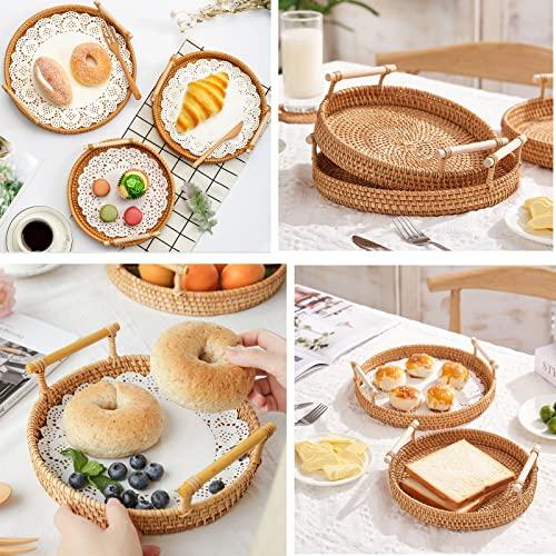 Hipiwe Handwoven Basket Serving Tray With Wooden Handles Round Rattan Bread Basket Tray Fruit Organizer Wicker Tray Coffee Table Decorative Tray