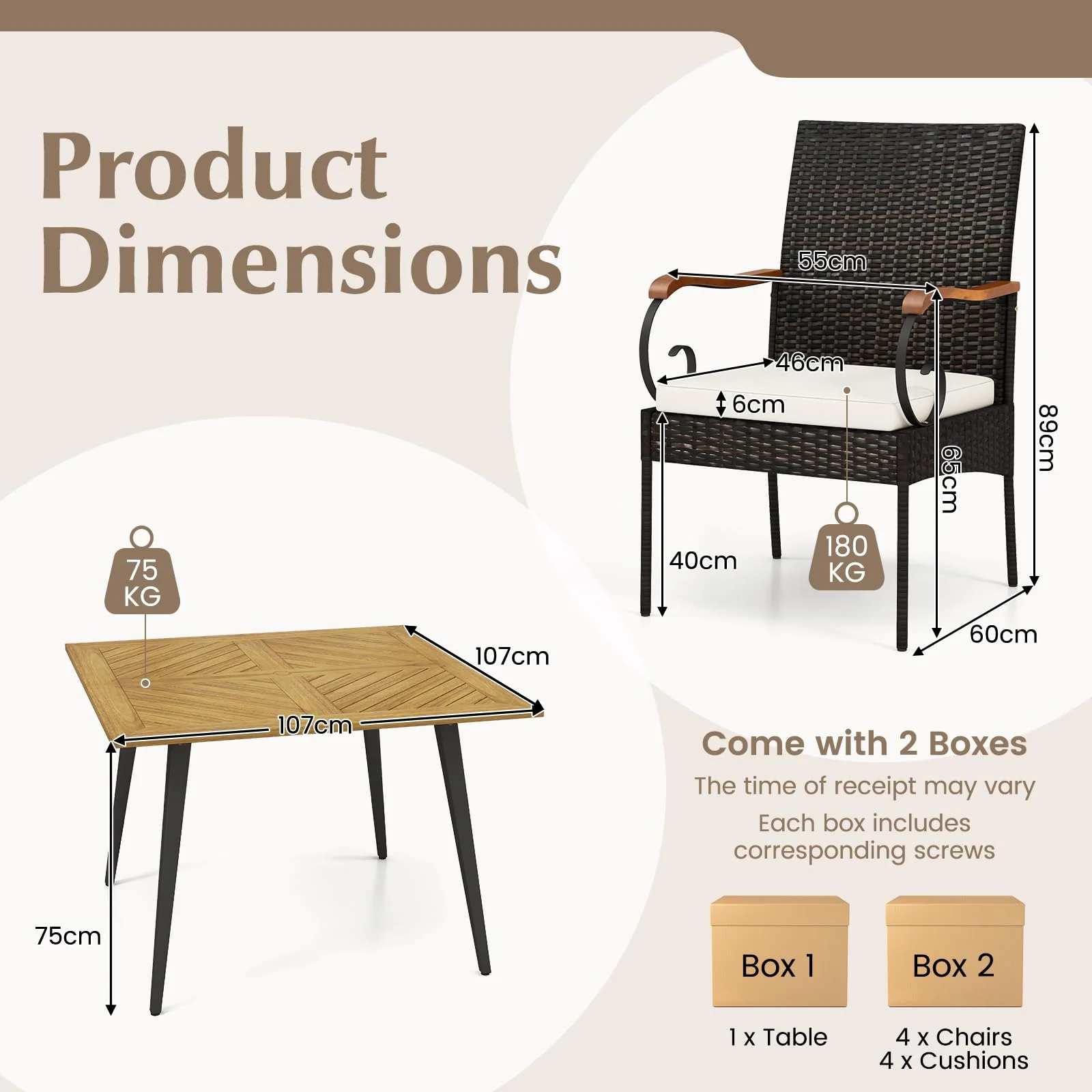 Tangkula 5 Pieces Patio PE Wicker Dining Set, 42.5” Square Acacia Wood Dining Table and Chairs with Cushions