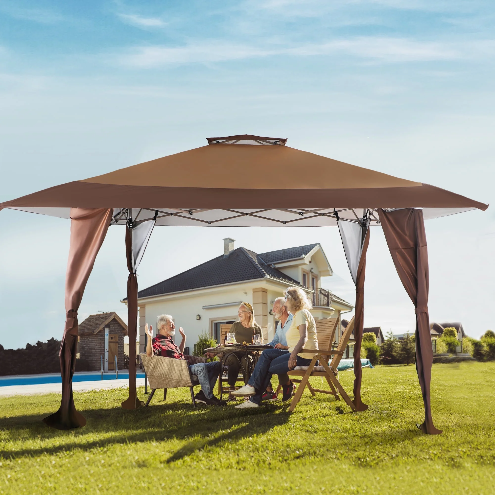13 x 13 ft Pop Up Canopy Tents Event Shelter for Outside Party Brown - Image 2