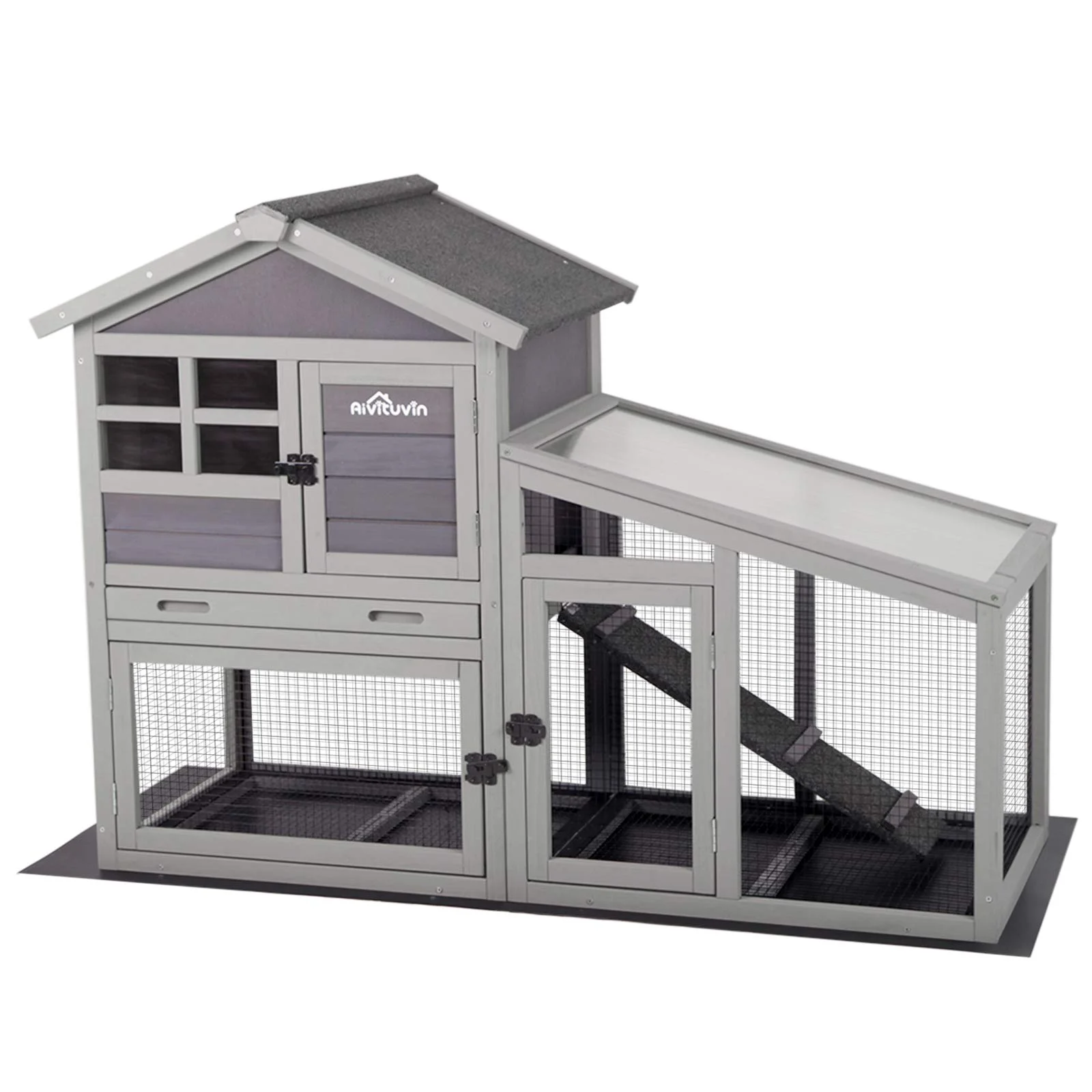 Rabbit Hutch Outdoor Indoor Bunny Cage with Pull Out Tray, Upgraded Chicken Coop with Removable Wire Mesh Bottom, Gray - Image 6