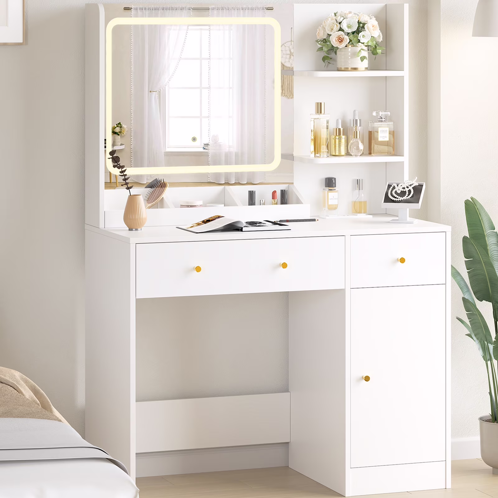 Vanity Table Stylish Aesthetic Durable with Sliding Mirror White(White-4) - Image 4