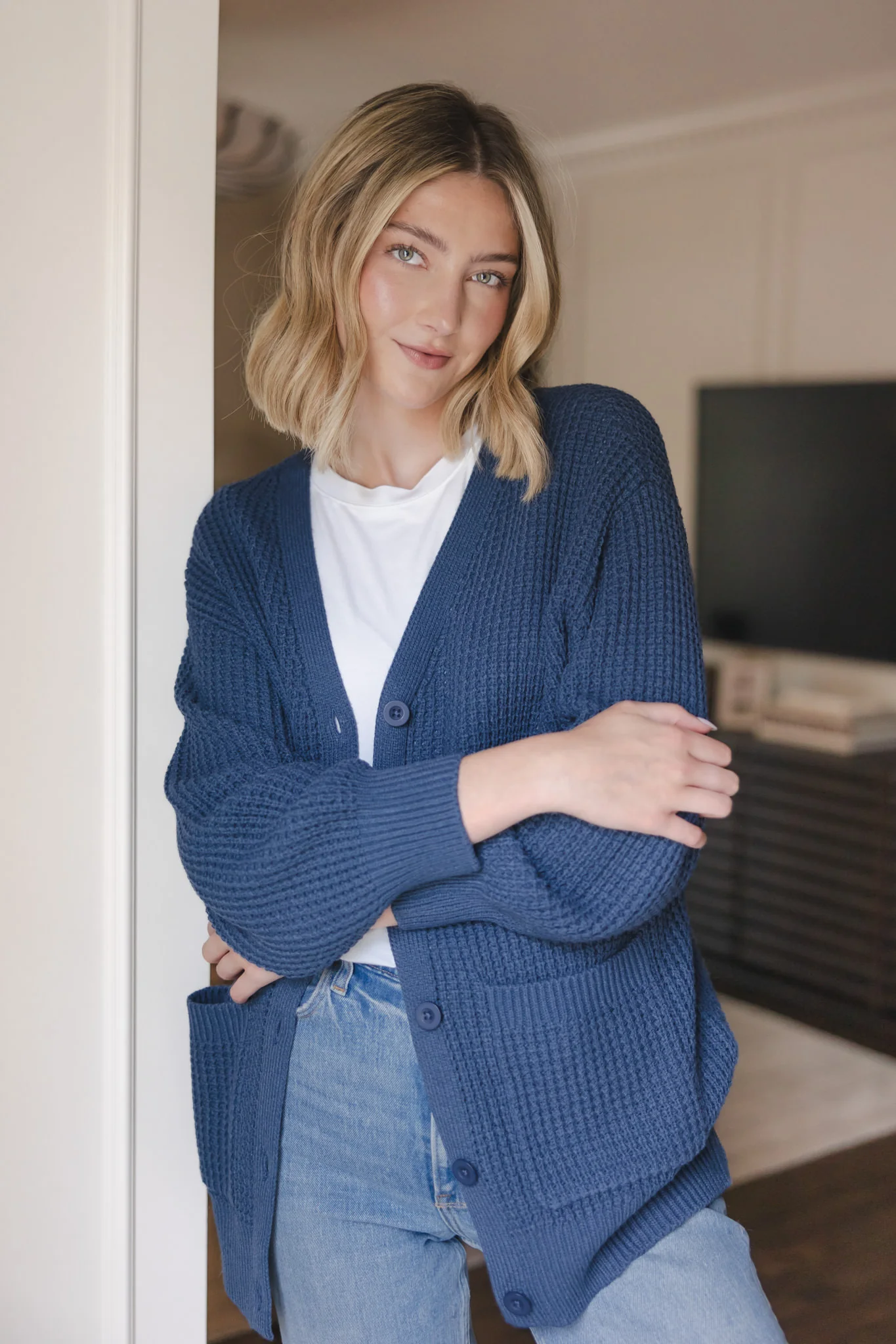 Chunky Knit Women's Waffle Cardigan in Oxford