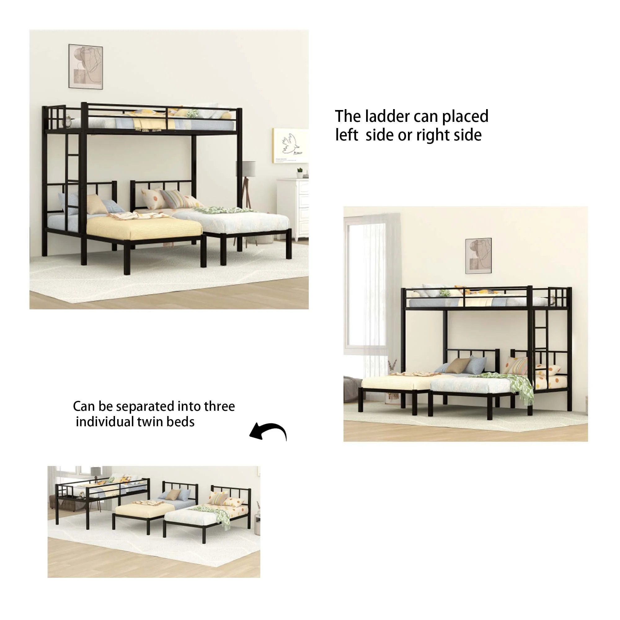 Jump Into Fun Triple Bunk Bed, Metal Twin over Twin and Twin Bunk Bed with Ladder, Full-Length Guardrail, 3 Beds Bunk Bed Can Convertible into 3 Twin Beds for Kids, Teens, Adults, Noise Free, Black