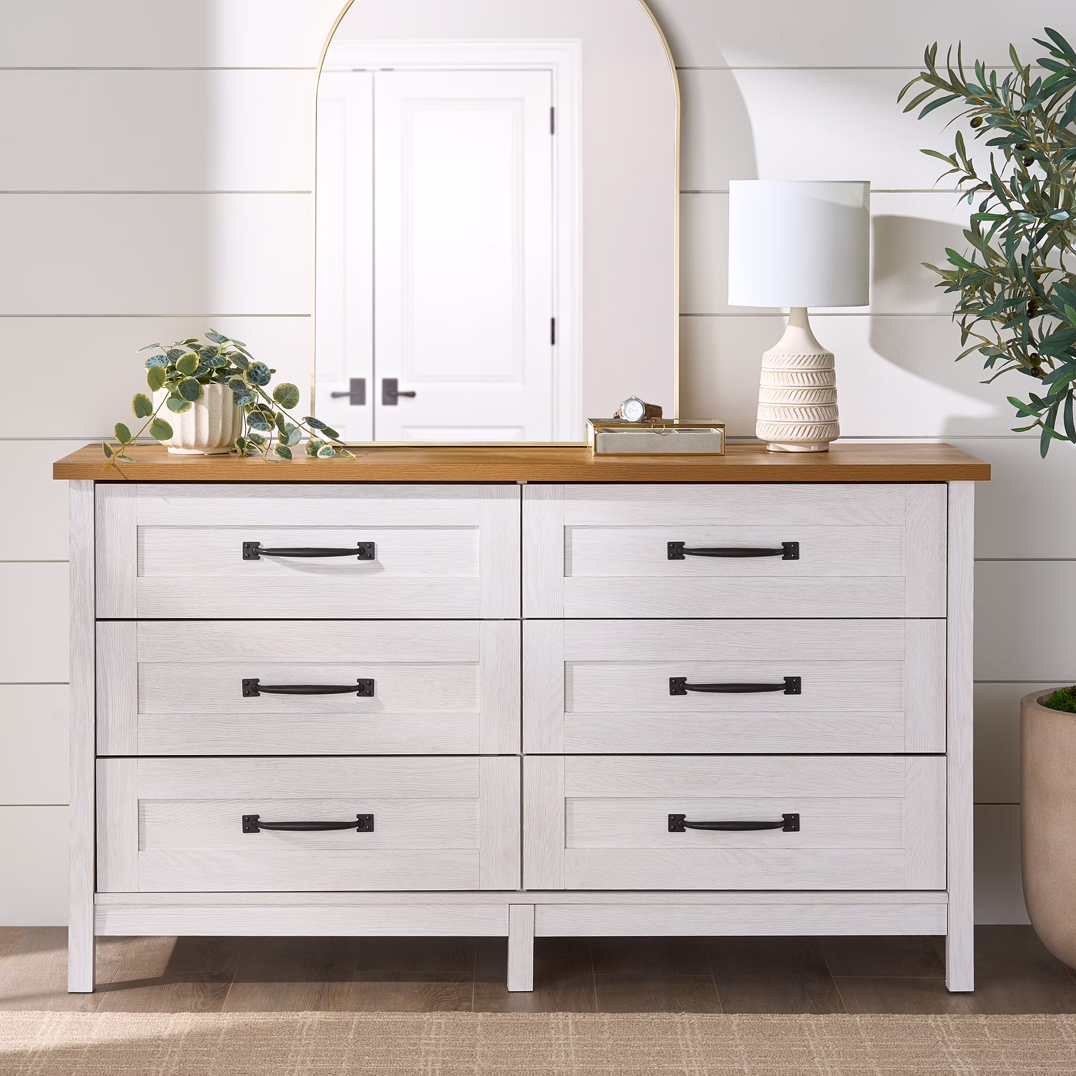 Better Homes & Gardens Modern Farmhouse 6-Drawer Dresser, Rustic White Finish