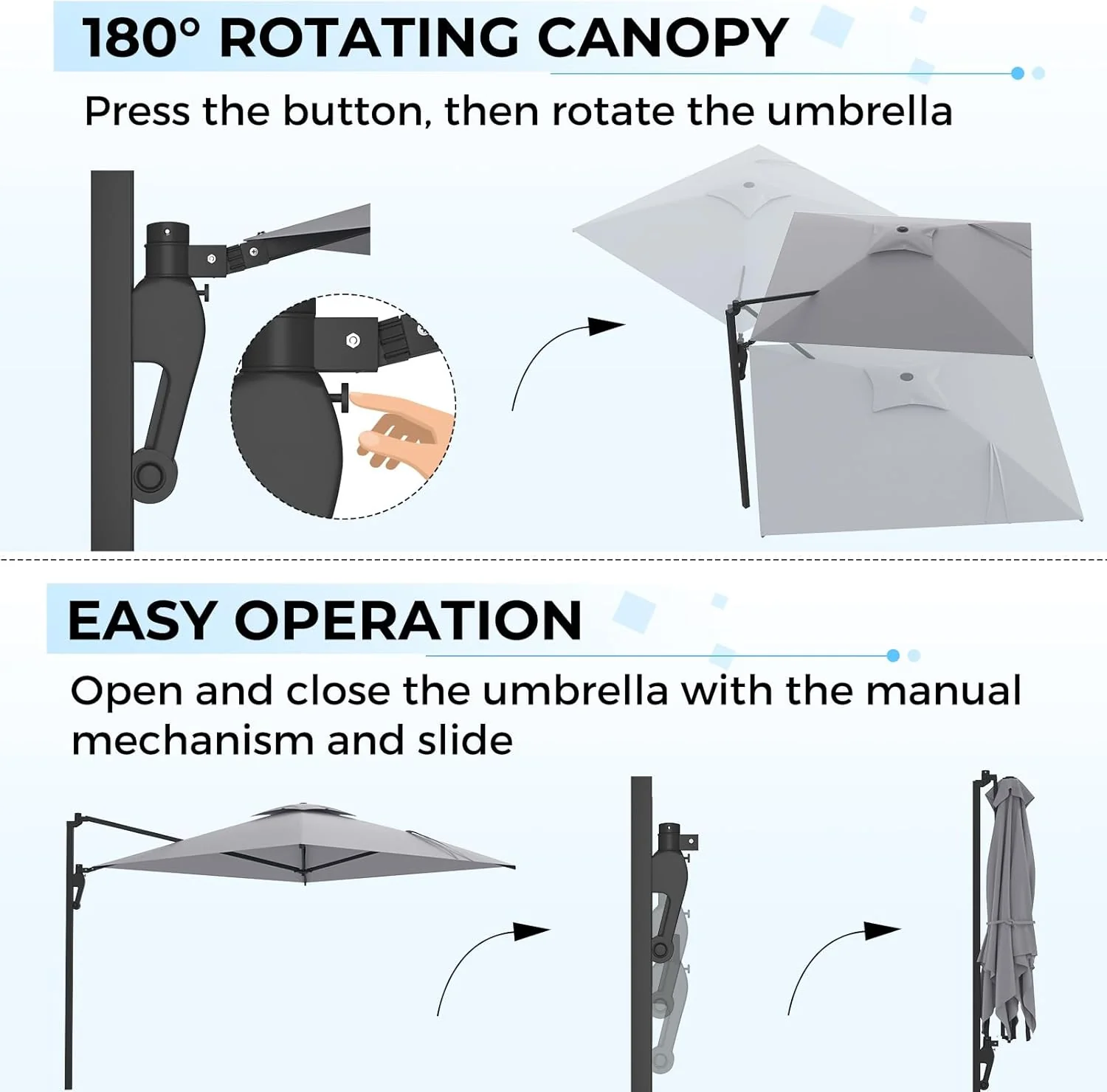 AECOJOY 10ft Cantilever Patio Umbrella, Large Rectangle Umbrella 180° Rotation Offset, Grey