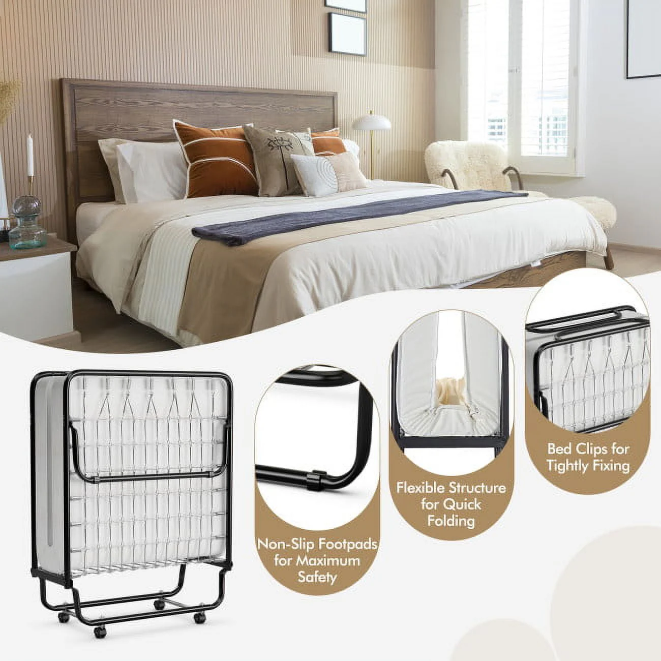 75" x 31" x 13" Folding Bed with Mattress, Rollaway Bed Metal Frame on Wheels, Portable Foldable Guest Bed for Adults, Cot Size Fold up Bed with Memory Foam Mattress - Image 5