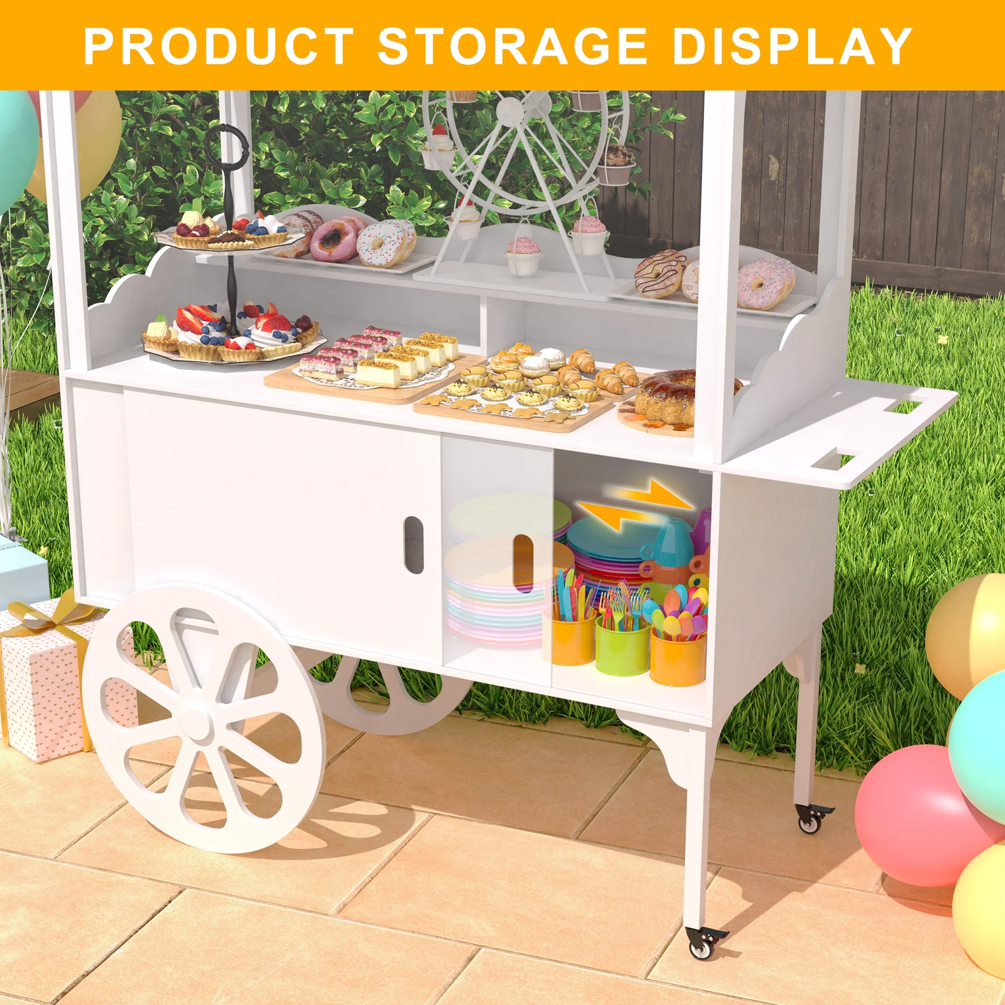 Candy Cart with Wheels for Party,Wood Dessert Cart with Storage Cabinet - Image 5