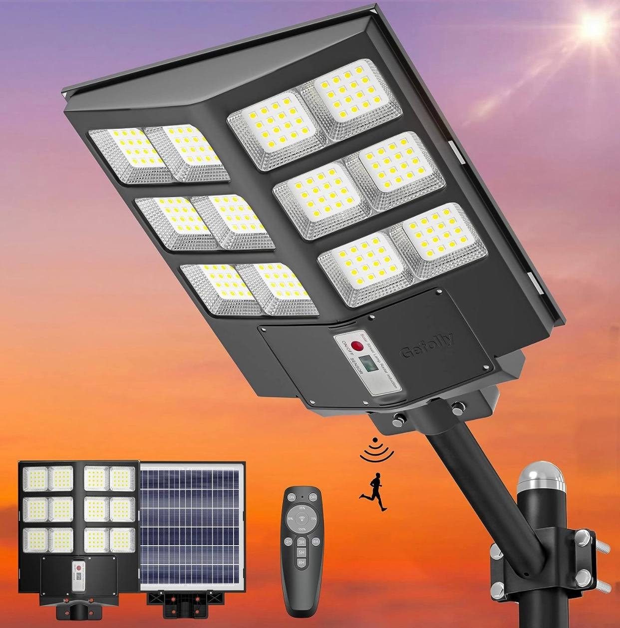 Gebosun 600W Solar Street Lights Outdoor,6500K 60000LM Dusk to Dawn Solar Security Flood Lights LED Wide Angle Lamp with Remote Control for