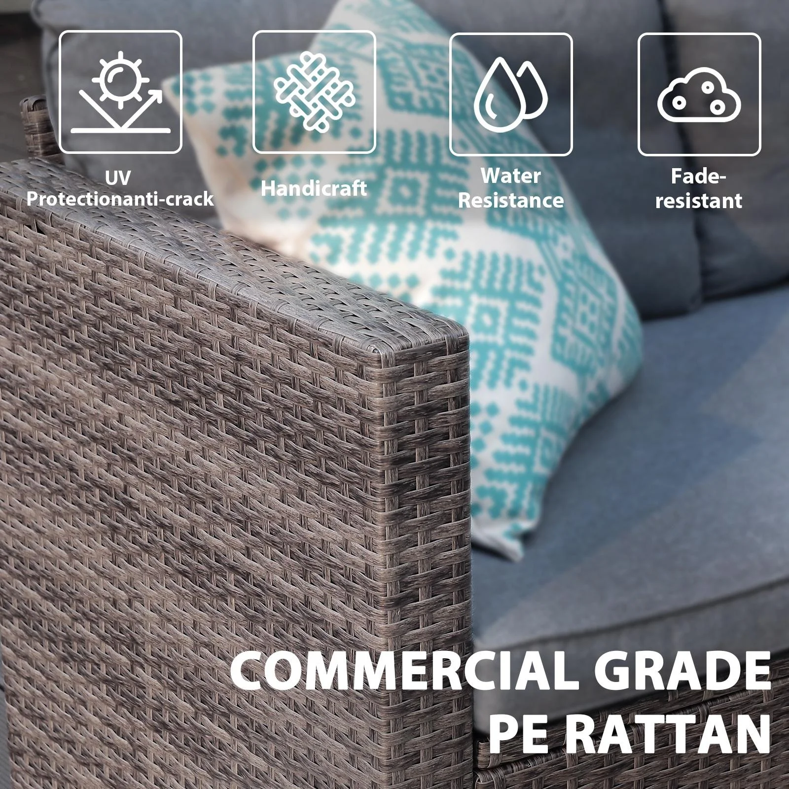 3 Pieces Patio Conversation Set, PE Wicker Rattan Outdoor Furniture Set, 2 Ways Small Sectional Sofa, Tempered Glass Coffee Table, Silver-Gray(Silver-Gray) - Image 10