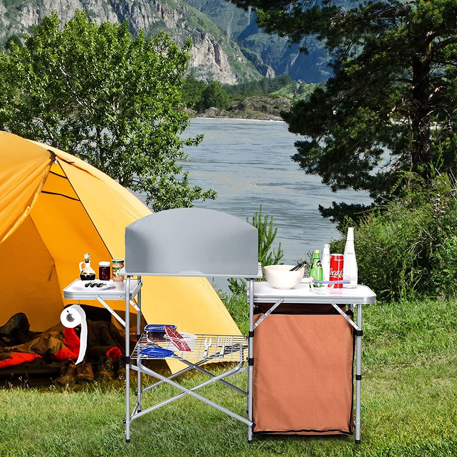 Grill Table with 26'' Tabletop and Detachable Windscreen. Aluminum Portable Camp Cook Station Carry Bag Quick Set-up. BBQ Camping Picnic Backyard Outdoor Camping Kitchen Table (Brown)