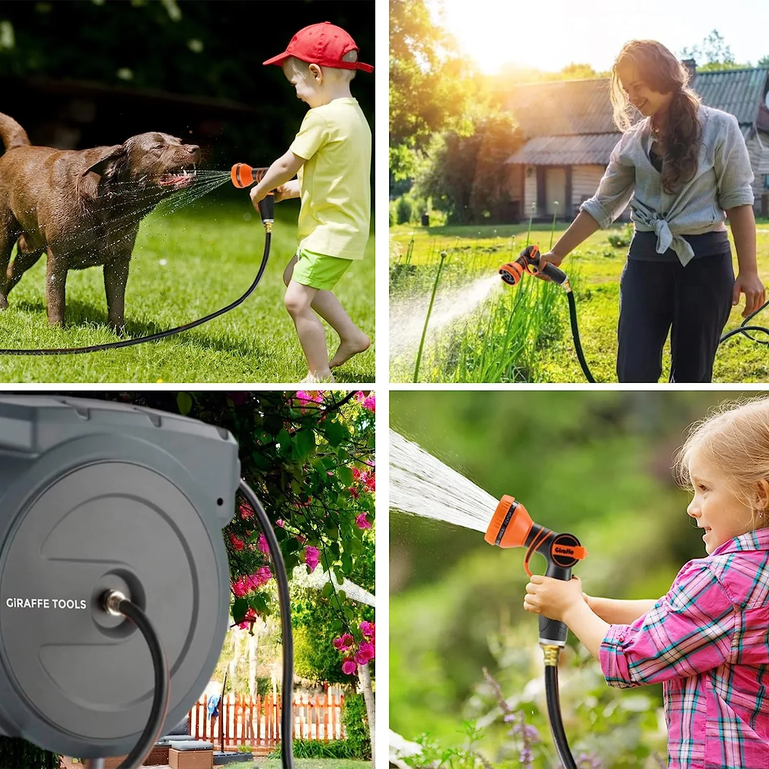 Giraffe Tools Retractable Garden Hose Reel with 1/2in-100ft Water Hose, Plastic Bracket, Wall Mounted, Dark Grey