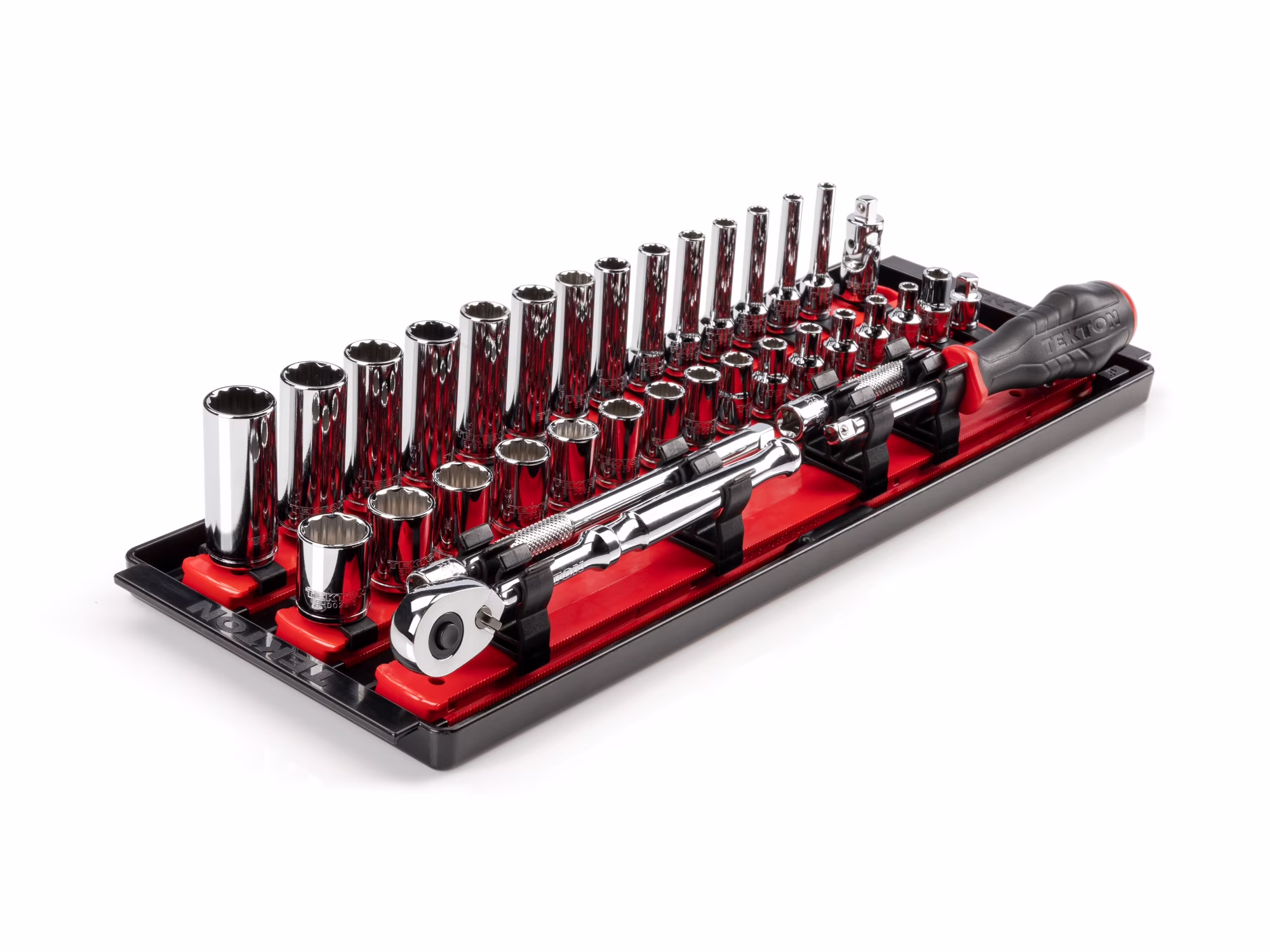 TEKTON 1/4 Inch Drive 12-Point Socket and Ratchet Set with Rails, 35-Piece (4-15 mm) | SKT03202