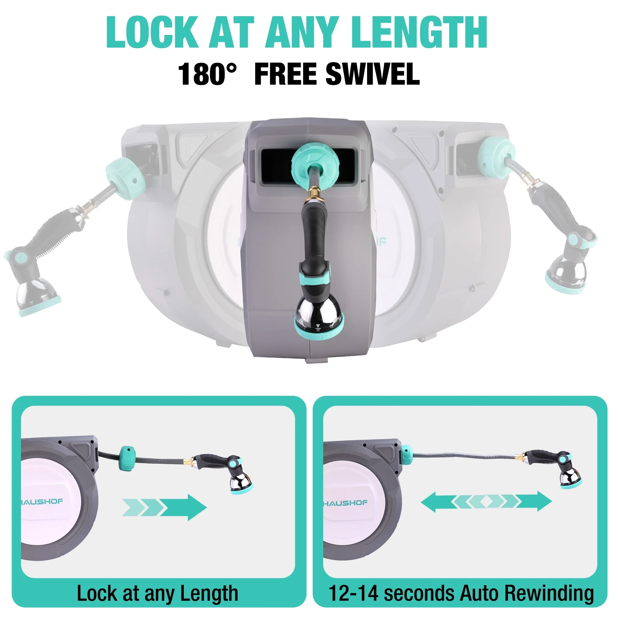 HAUSHOF 1/2 x 100 ft Retractable Garden Hose Reel with Automatic Rewind, 10-Pattern Spray Nozzle, Durable High-Pressure Hose, and 180�� Swivel Bracket �C Perfect for Watering Gardens, Cleaning Patios