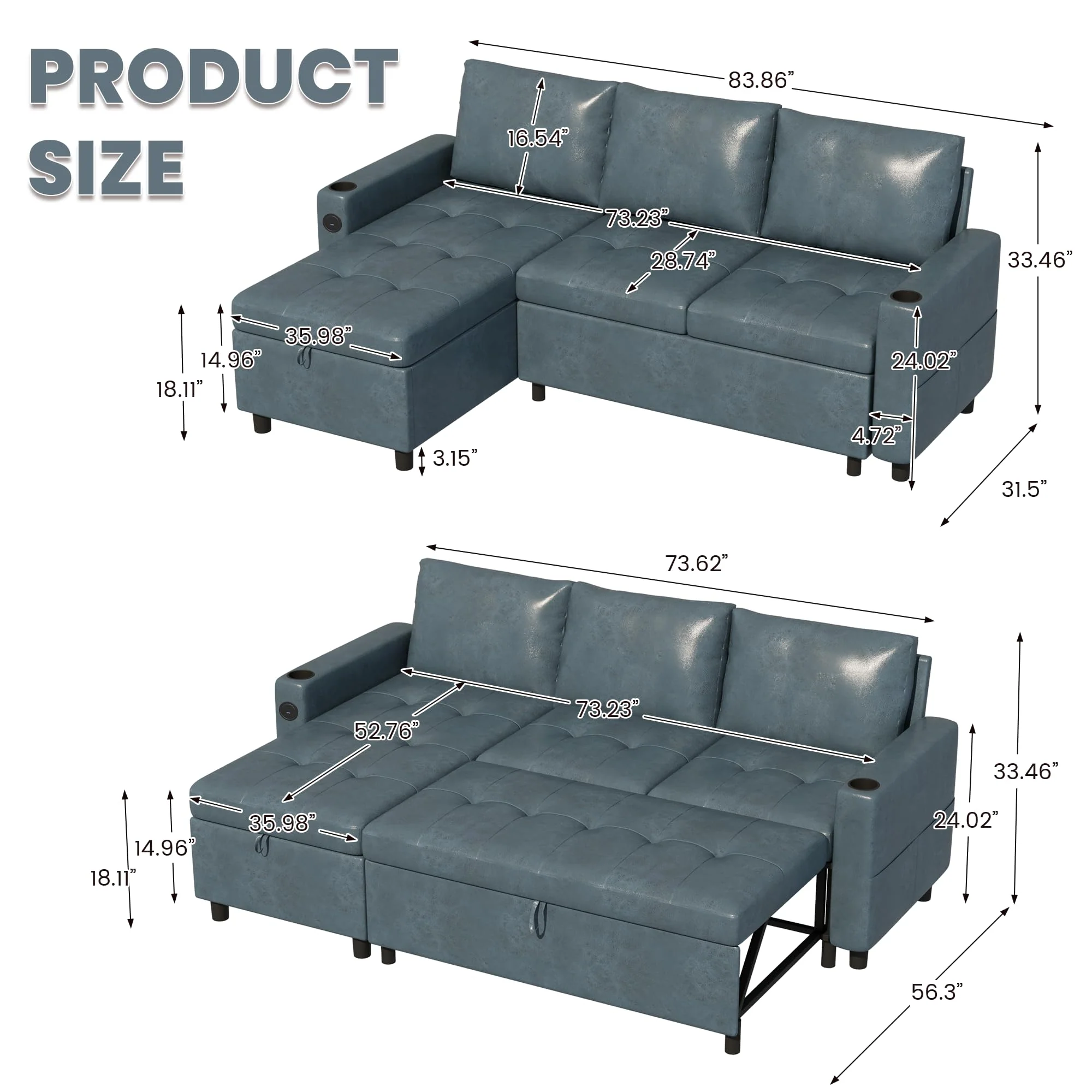 AECOJOY Sleeper Sofa Couch with Pullout Bed, Faux Leather, Blue