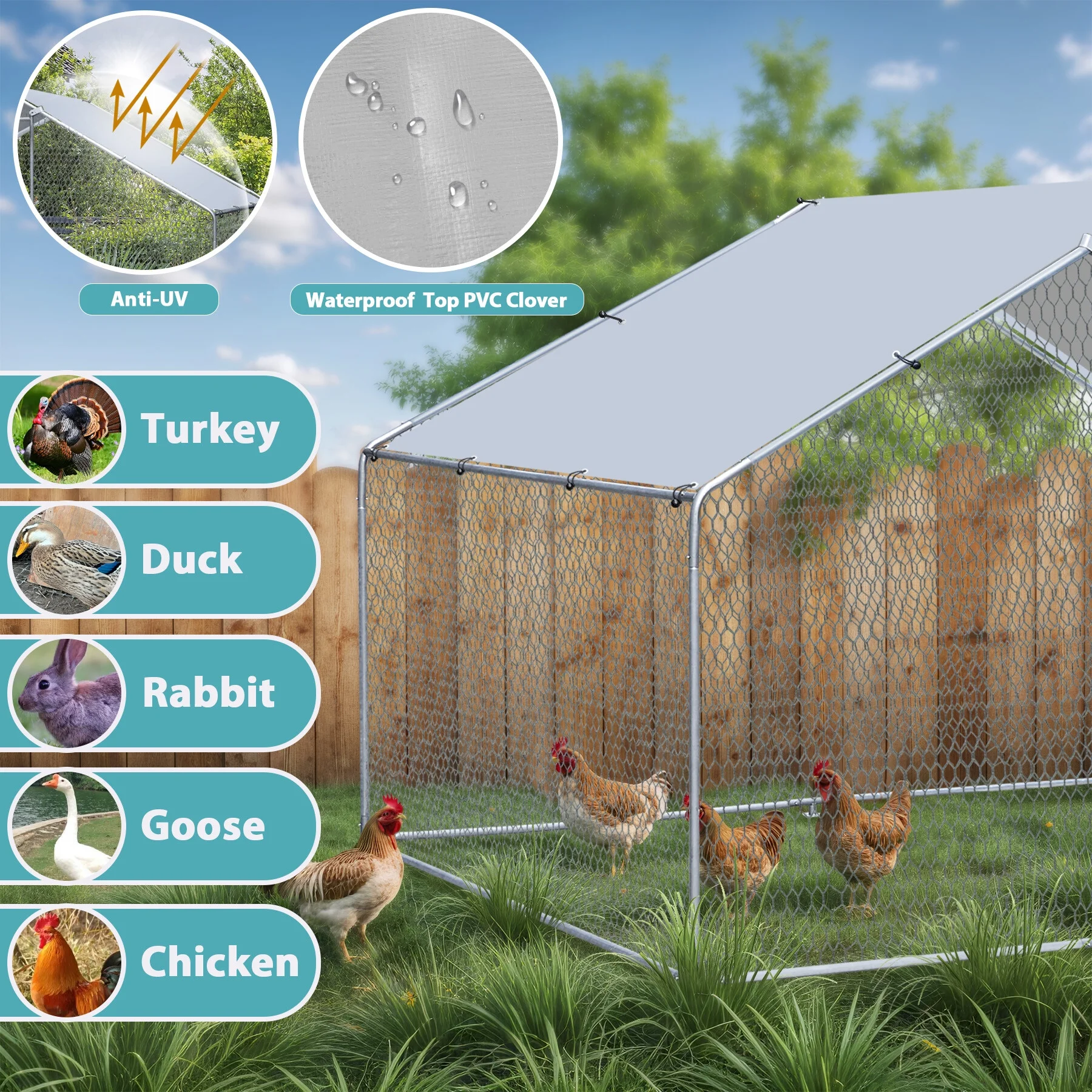 Homgarden 9.9ft Chicken Coop Metal Walk - in Poultry Cage Chicken Run for 6 - 10 Chickens Waterproof & Anti - UV Yard, Farm