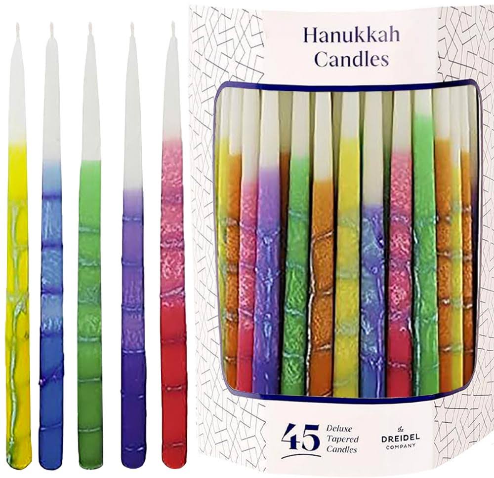 The Dreidel Company Dripless Hanukkah Candles, Multicolored Striped Deluxe Tapered Decorations, Chanukkah Menorah Candles for All 8 Nights of Chanukah