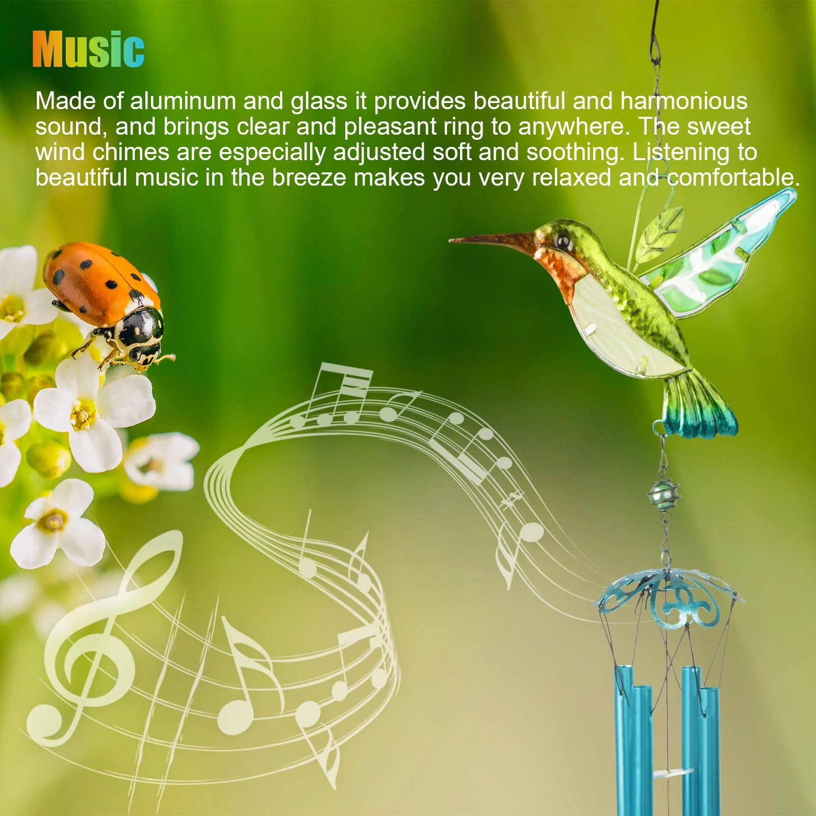 Hummingbird Wind Chimes, EEEkit Hummingbird Metal Tubes Wind Chime Bell Waterproof Wall Hanging Ornament Wind Chimes for Outdoor Indoor Gardening Yard Pathway Decoration Image 3