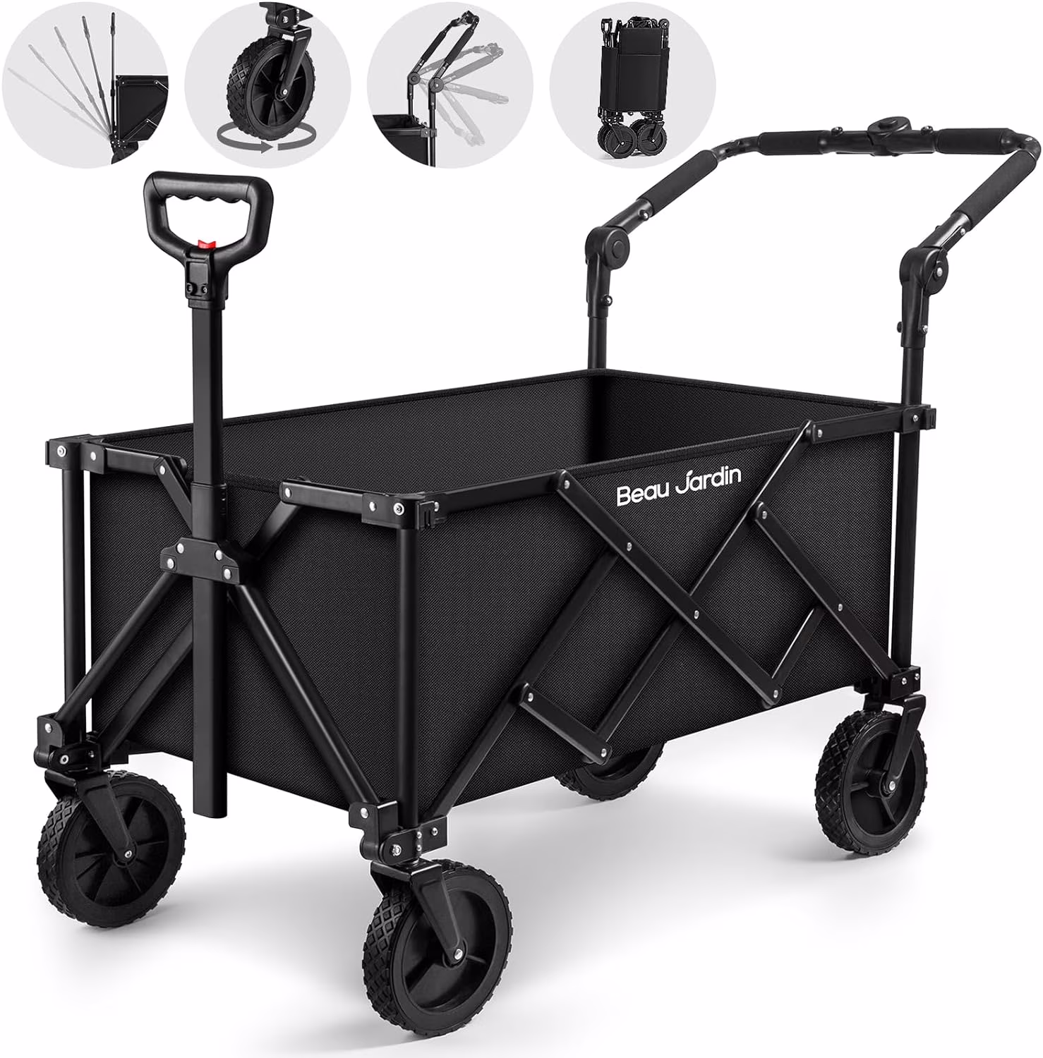 BEAU JARDIN Collapsible Folding Wagon Utility Beach Wagon Cart Foldable Heavy Duty All Terrain Camping Grocery Push Wagon for Sports Garden Shopping Black