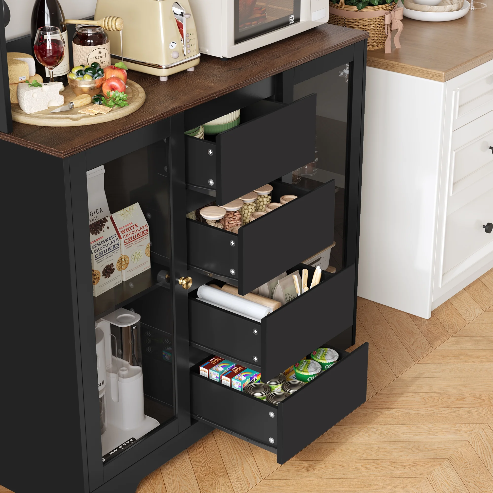 71'' Pantry Hutch with Cabinet Drawers for Kitchen, Glass Doors Storage Cabinet with Adjustable Shelves for Dining Room, Black(Black) Image 5