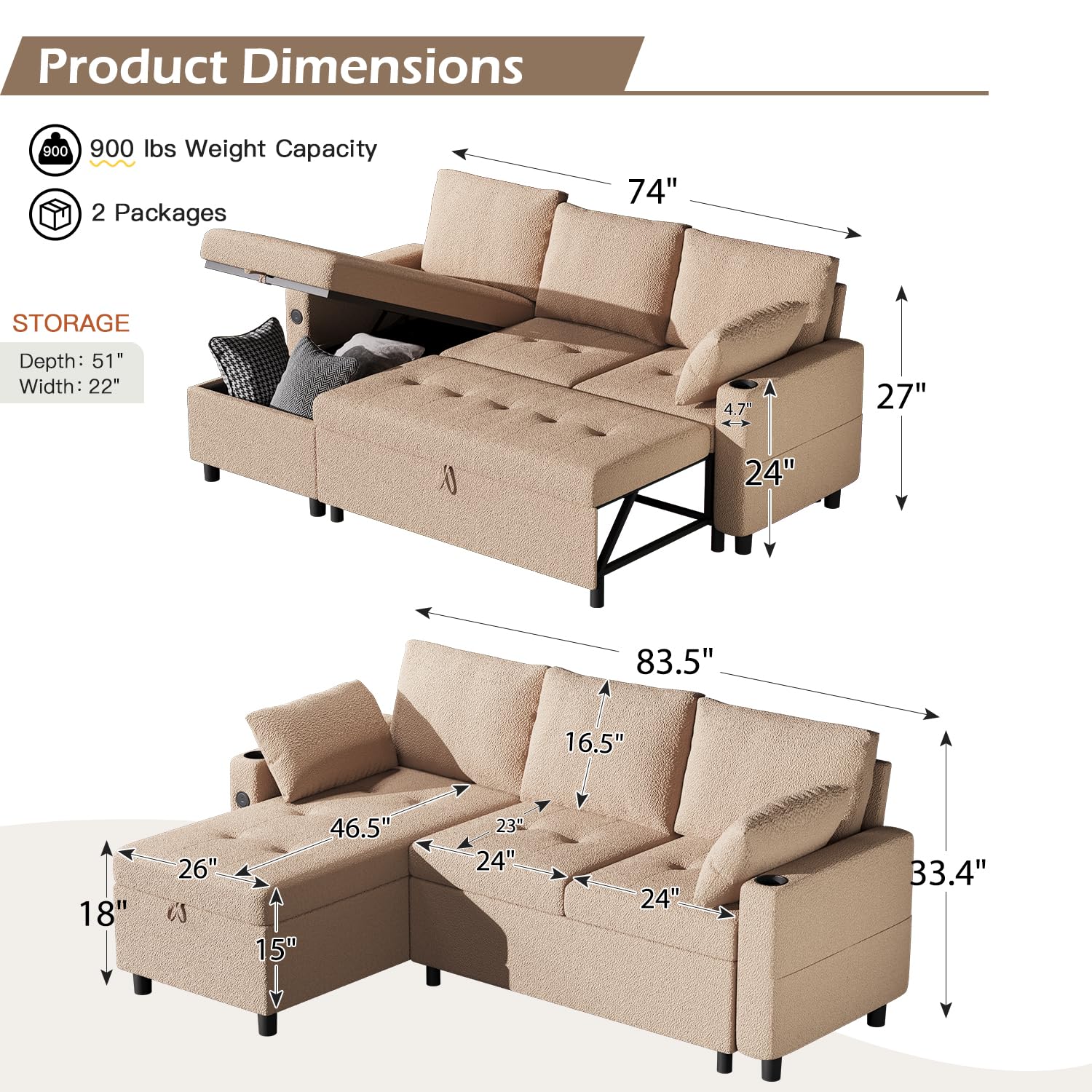 AECOJOY Sleeper Sofa Couch with Pullout Bed, Teddy Fleece, Tan