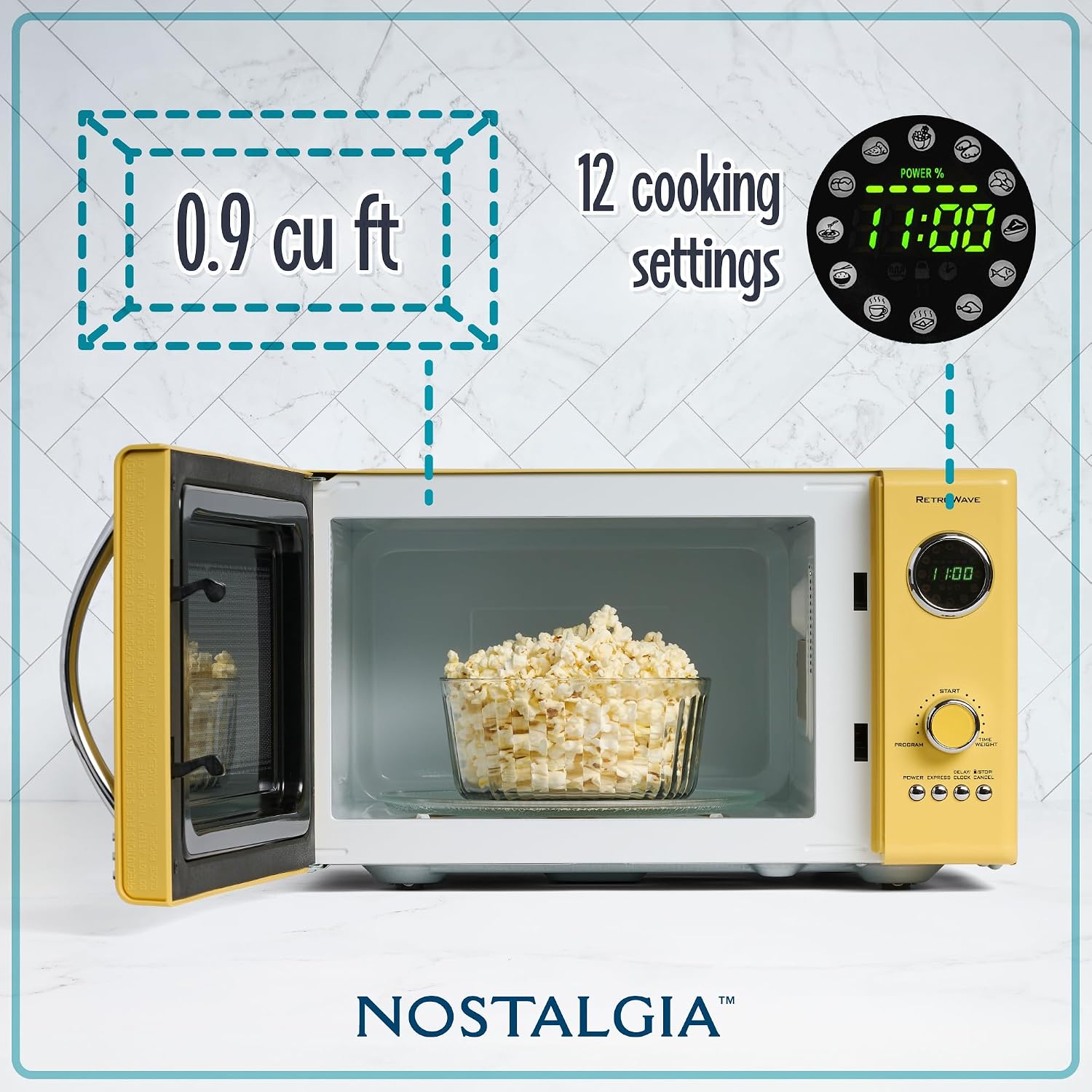 Nostalgia Retro Microwave - Countertop Microwave Oven - Includes 12 Pre-Programmed Settings and Digital Clock - 0.9 CU Ft- 800 Watts - Yellow