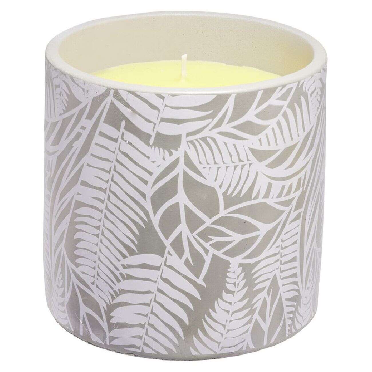 Bougie citronnelle dans pot de ciment imprimé feuillage