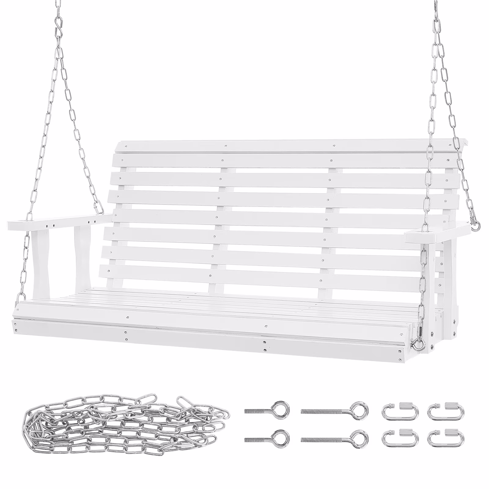 KFFKFF Outdoor Swing Bench 4.5 ft, Garden and Patio Wooden Swing, Enhanced 880 lbs Capacity, Durable Chair with Chains for Outside Use, White
