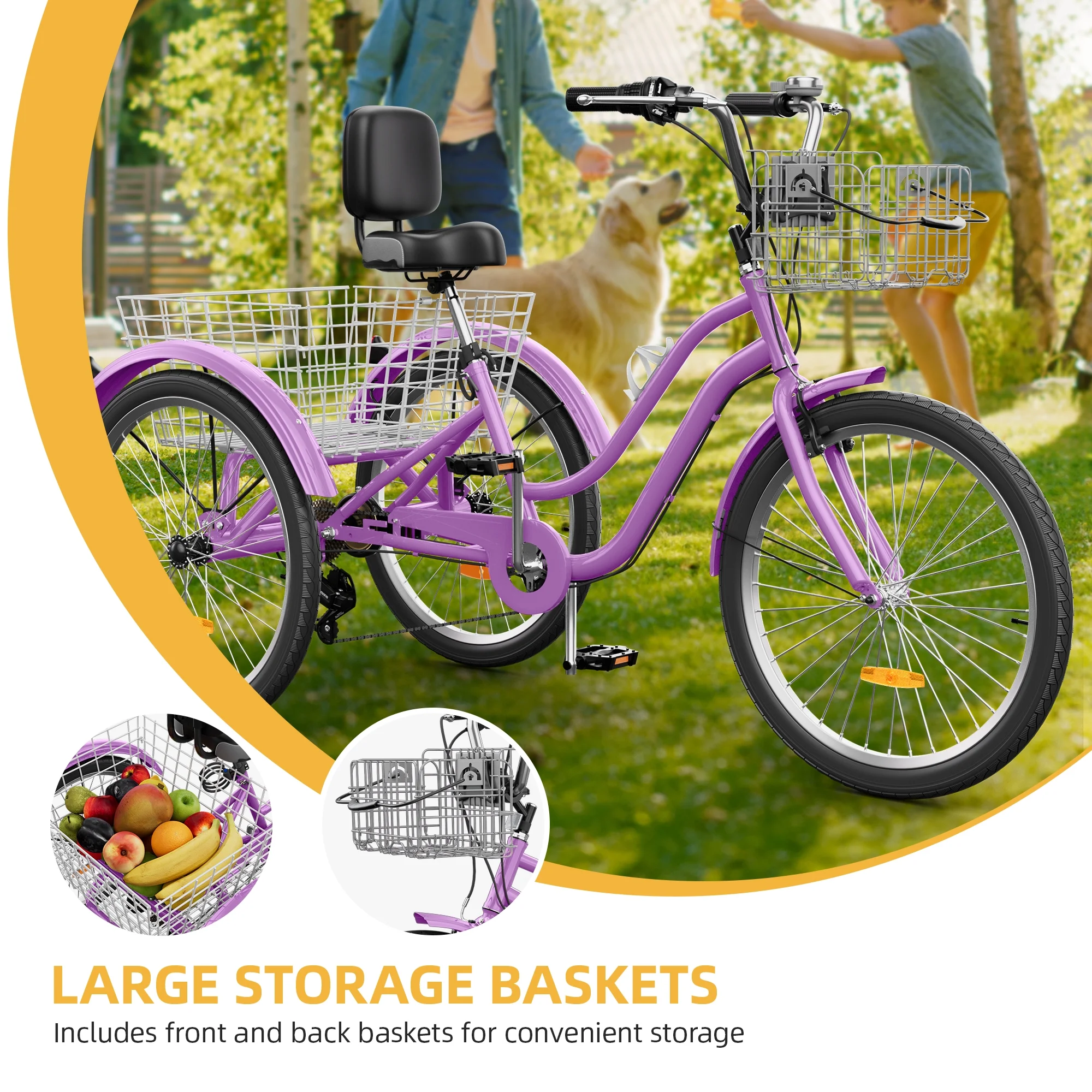 24 Inch 3-Wheel Bike, Single Speed Adult Trike, Low Step-Through Cruiser with Front Rear Baskets, Large Adjustable Seat with Backrest for Seniors, Men, and Women (Purple)(24"1 Speed/Purple) - Image 7