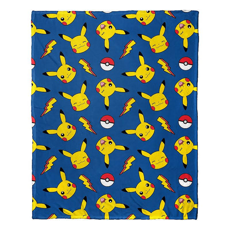Pokemon Pikachu Pokeball Lightning Bolt Print Super Plush Throw Blanket, Size: 46, Blue