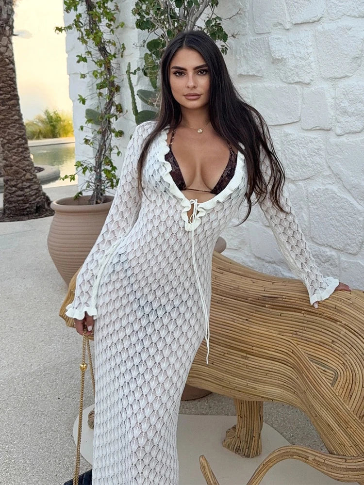 Robe Maxi de Plage en Maille Crochet avec Décolleté Plongeant à Lacets et Détail Volanté