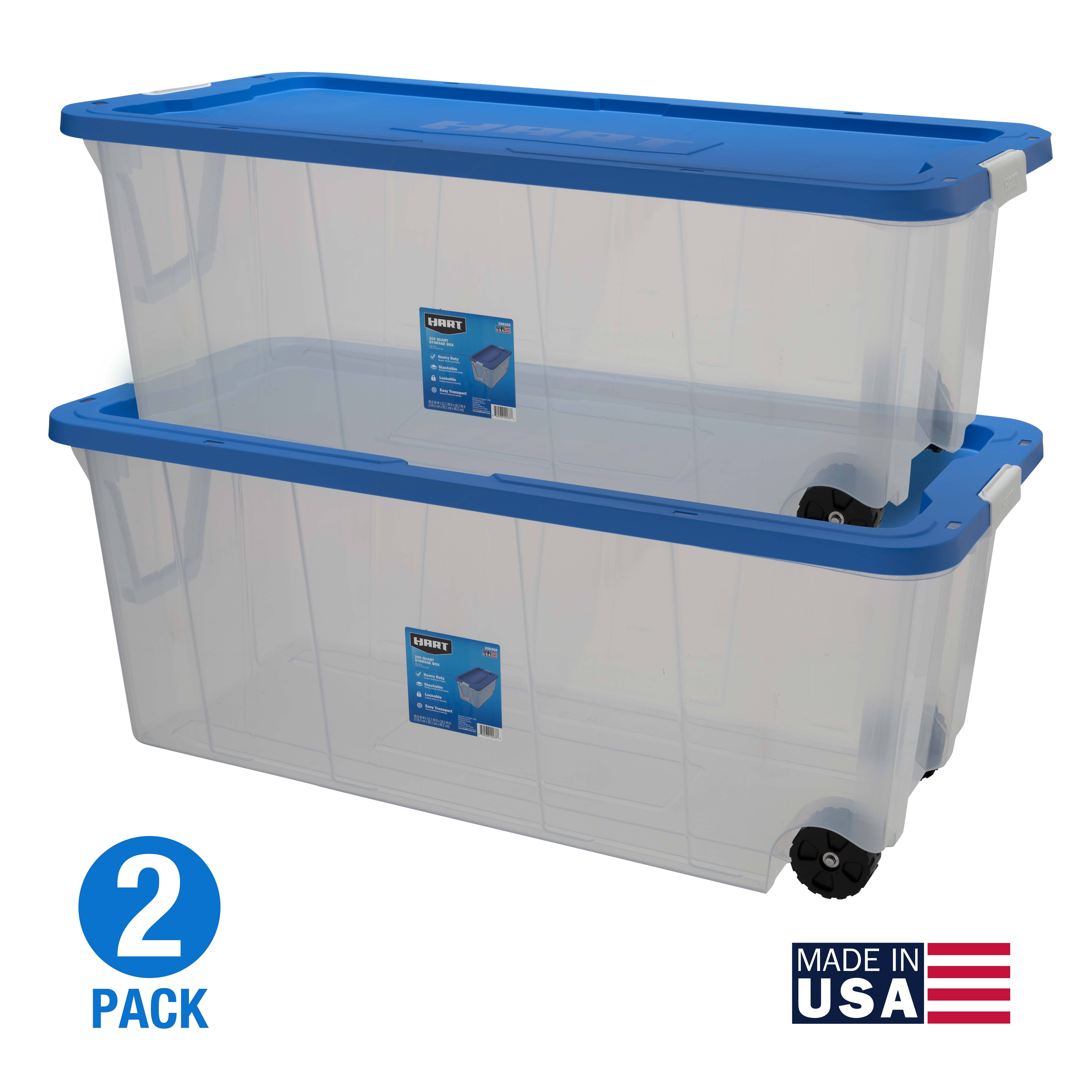 Hart - 200 Quart Clear Latching Rolling Plastic Storage Bin, Clear Tote/Blue Lid, Set of 2