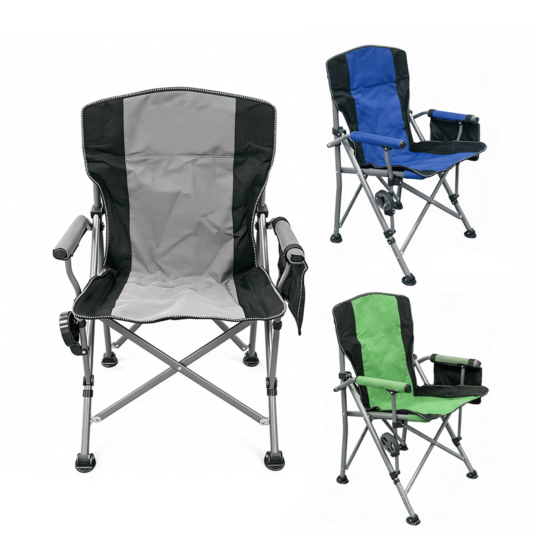 Easy Folding High-Back Portable Camping Chair Sturdy Steel Frame with Cup Holder Metal Garden Chair