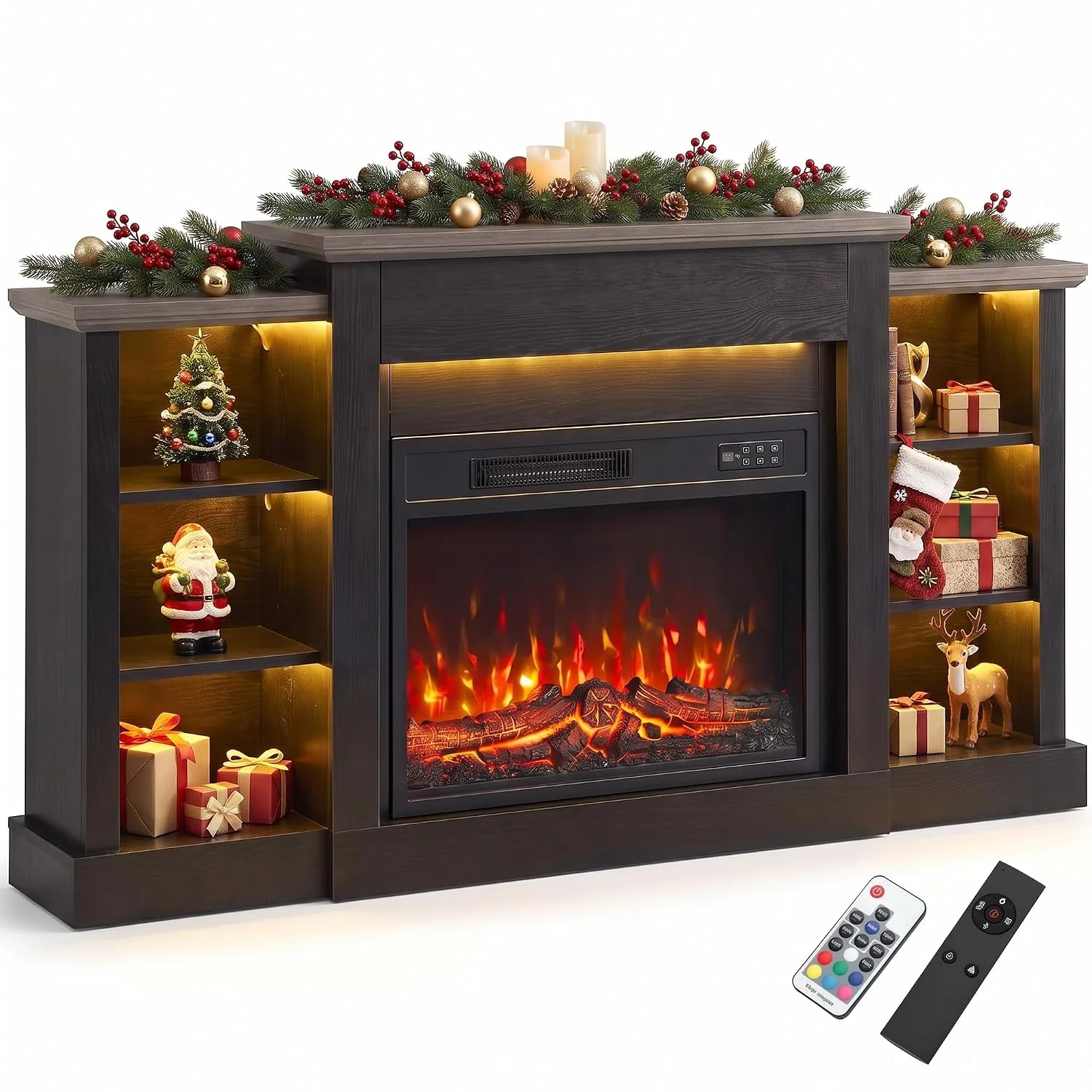 HOMCOM 55" Fireplace TV Stand for TVs up to 65", 1500W, Black Wood Grain