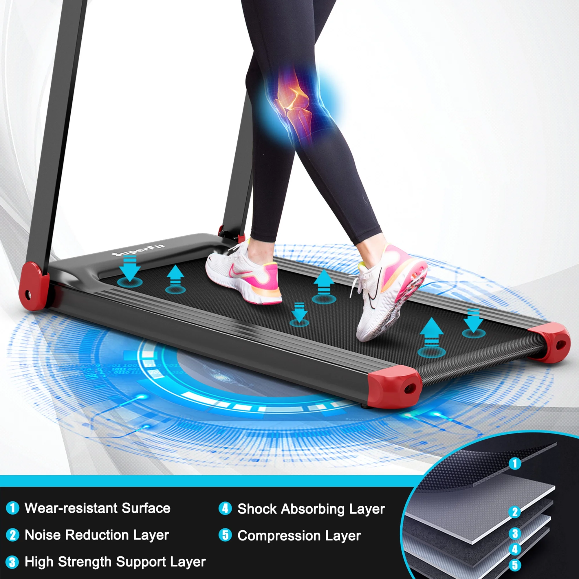 Electric Folding Treadmill Portable Cardio Running Machine w/ APP Control Red(Red) - Image 7