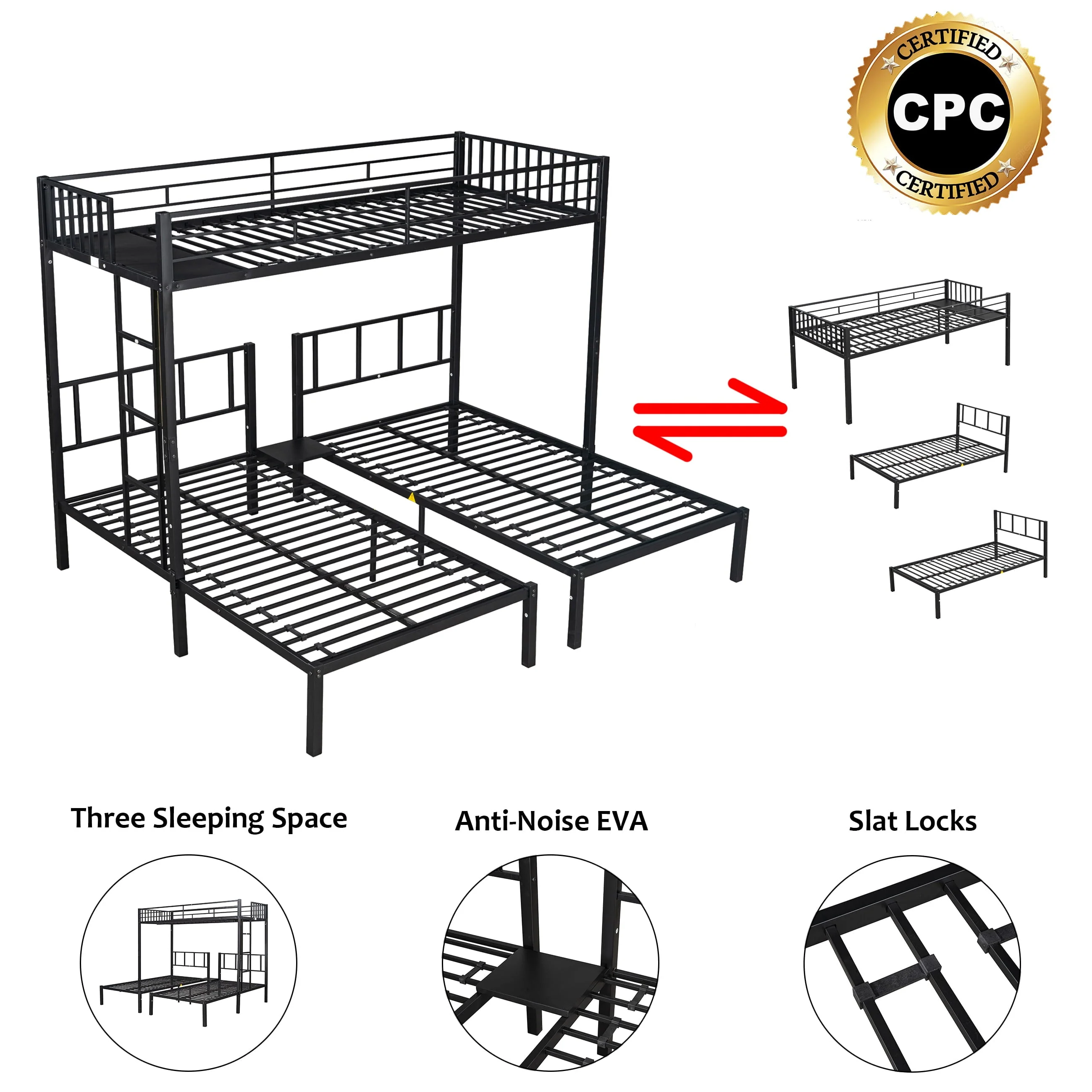 Triple Metal Bunk Bed Twin over Twin with Ladder for Kids, Boys Girls, Convertible Bunk Set, Black Image 4