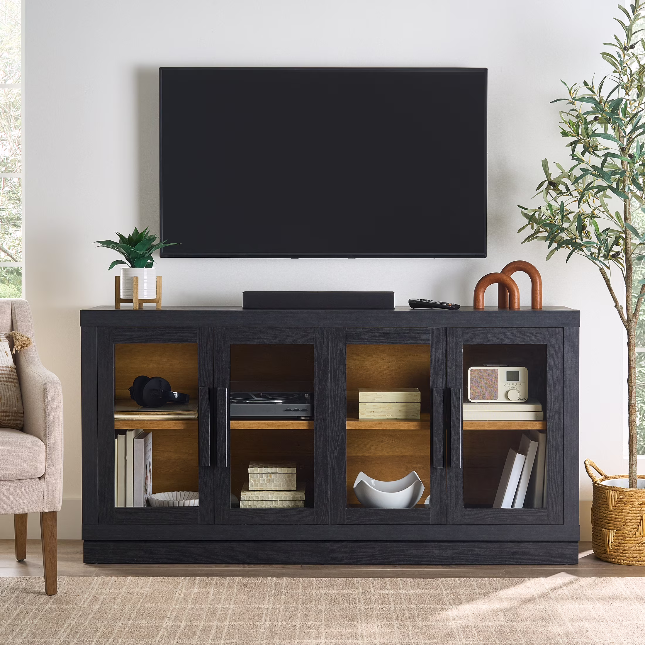Better Homes & Gardens Ezra TV Stand for TV's up to 70, Light Honey finish