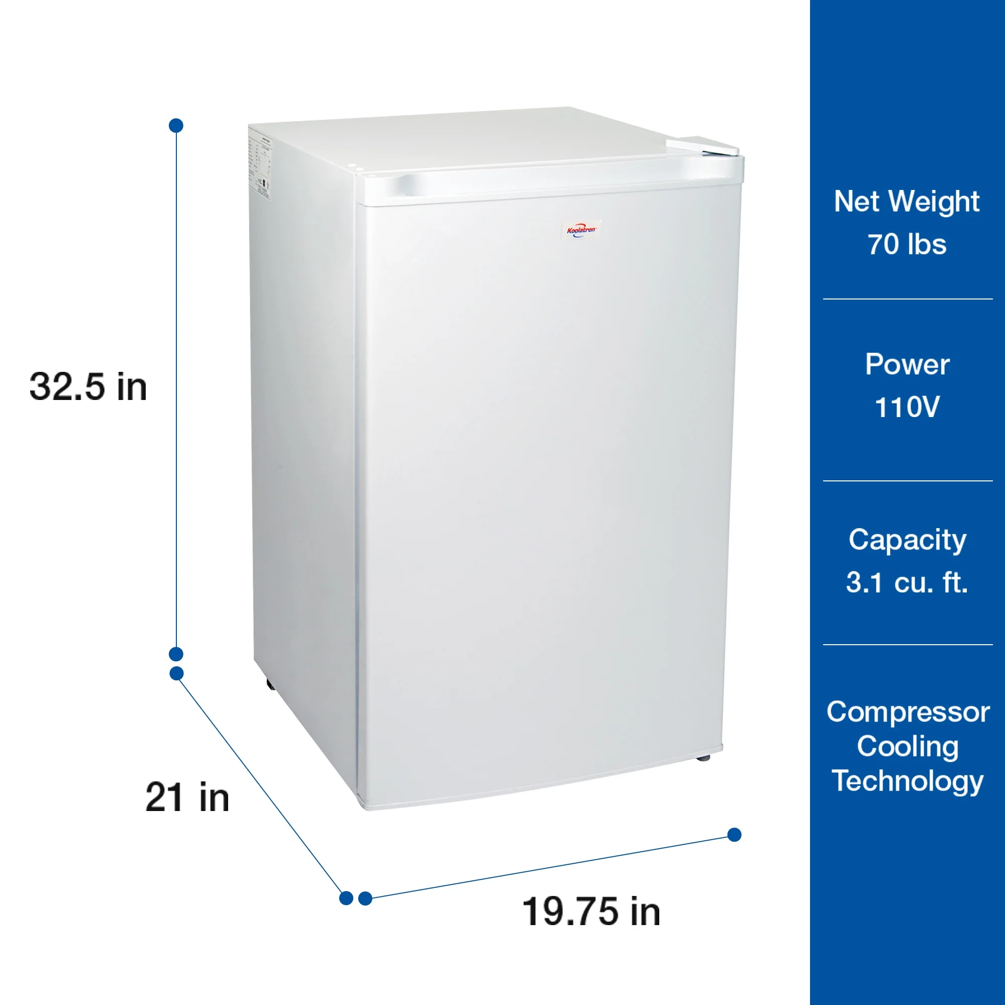 Koolatron 3.1 cu ft Upright Freezer, 88 L Mini Freezer, White, Manual Defrost, Compact Design