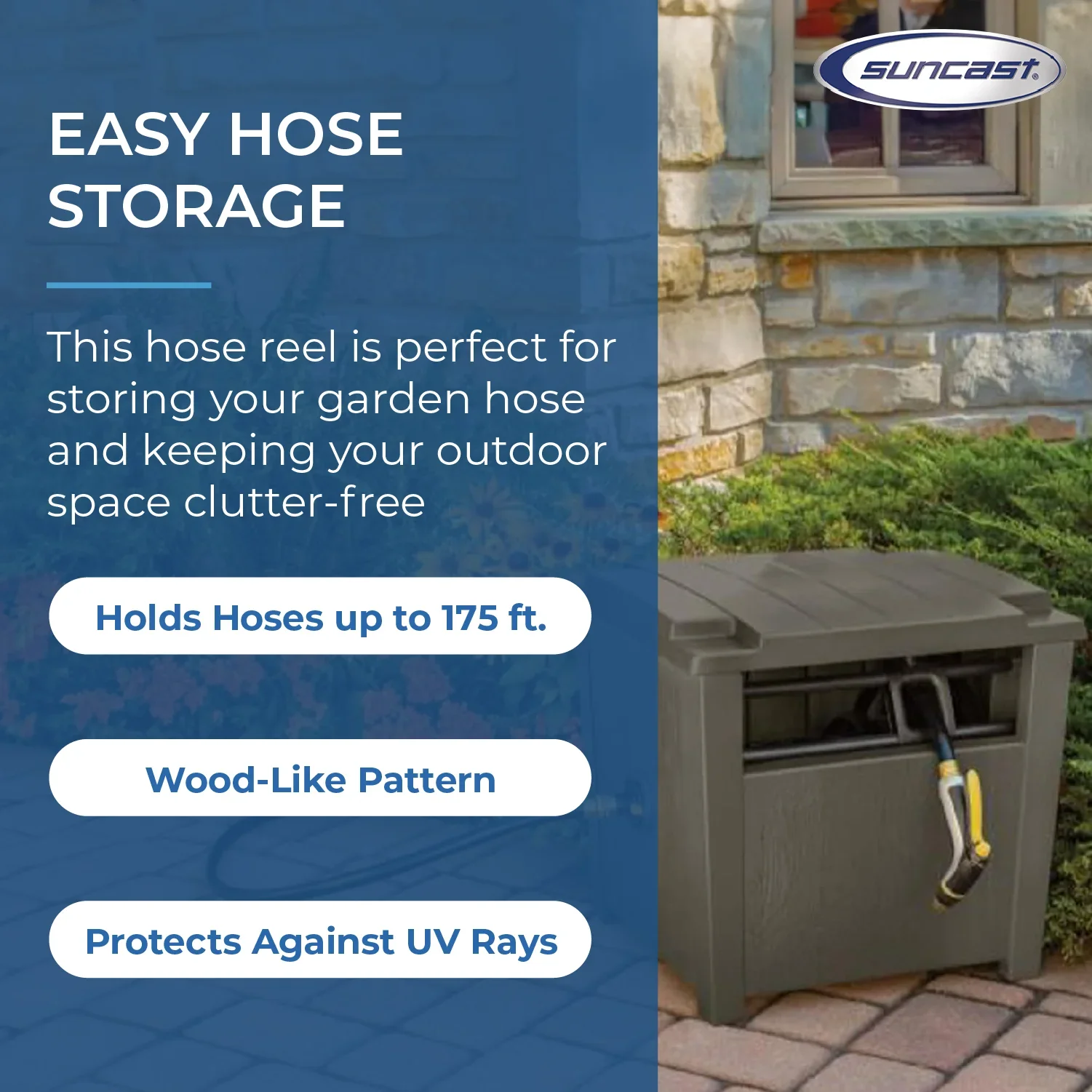 Suncast Farmington Hideaway Outdoor Garden Hose Storage Pot, Stoney