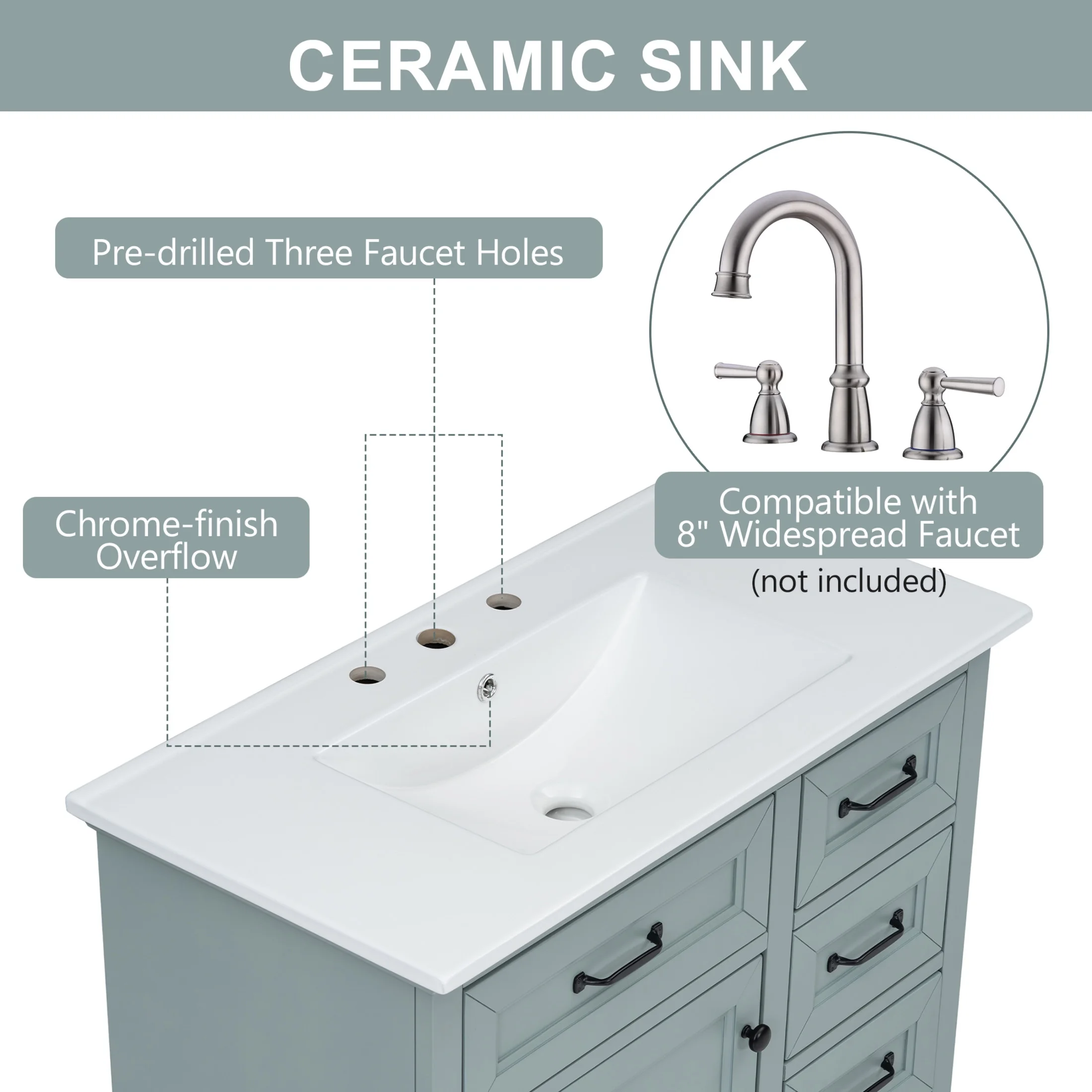 36" Bathroom Vanity with Sink, Tip-out Drawers, Soft-Close Doors, Grey(Grey) - Image 4