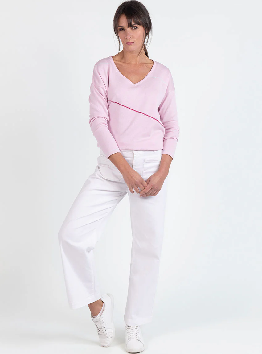 Pull femme col V en coton rose